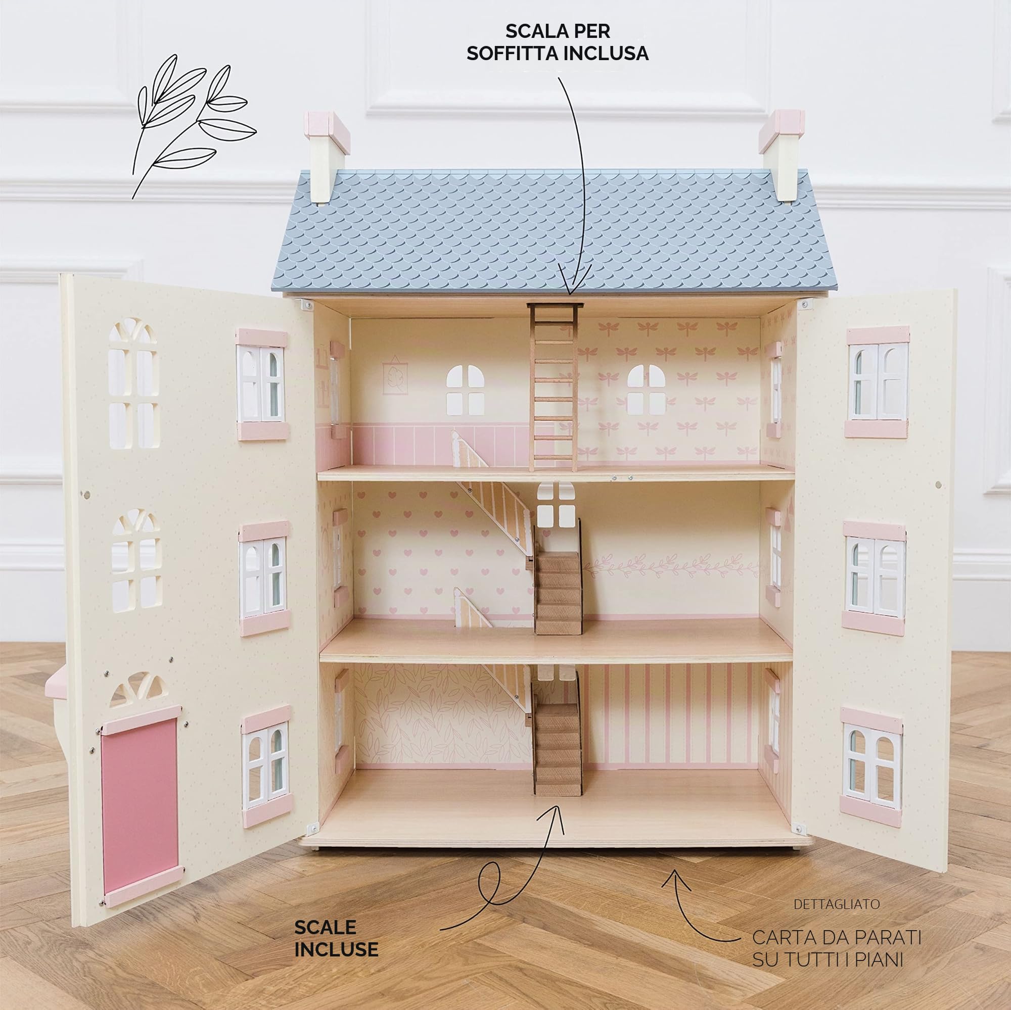 Le Toy Van Casa delle bambole Cherry Tree Hall in legno certificato FSC, 3 anni, per bambina, 3 piani, l 64 x p 41 x h 92 cm, con scala interna, finestre e porte apribili, Montessori