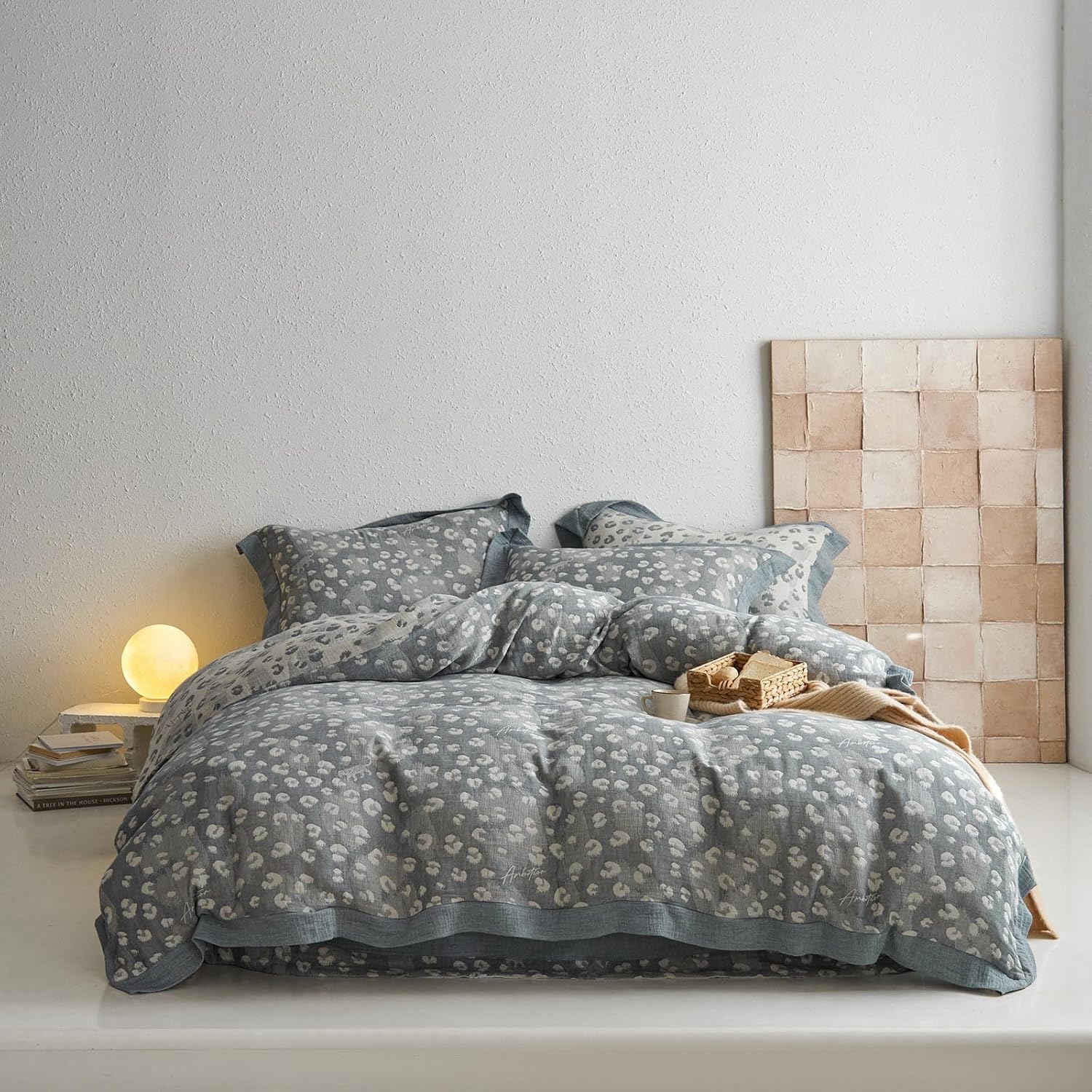 AOJIM Kids Adults Bedding Duvet Cover Set with Leopard Pattern for Room Decor, 100% Cotton Yarn-Dyed Jacquard Comforter Cover Full Size and 2 Pillowcases, Soft Lightweight Breathable, Grey Wide Edge