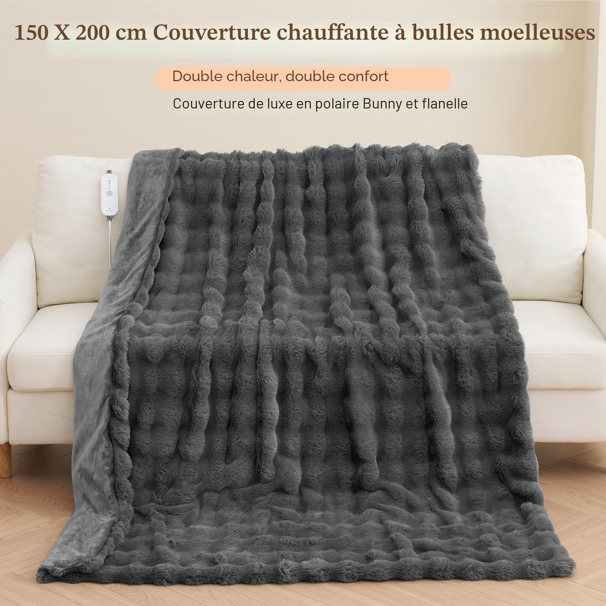 CURECURE Couverture Chauffante Électrique 150x200cm Puffy Bubble - Polaire Lapin et Flanelle, 4 Niveaux de Chaleur, Arrêt Auto 10H, Lavable en Machine, Lit Canapé Bureau (Gris Foncé)