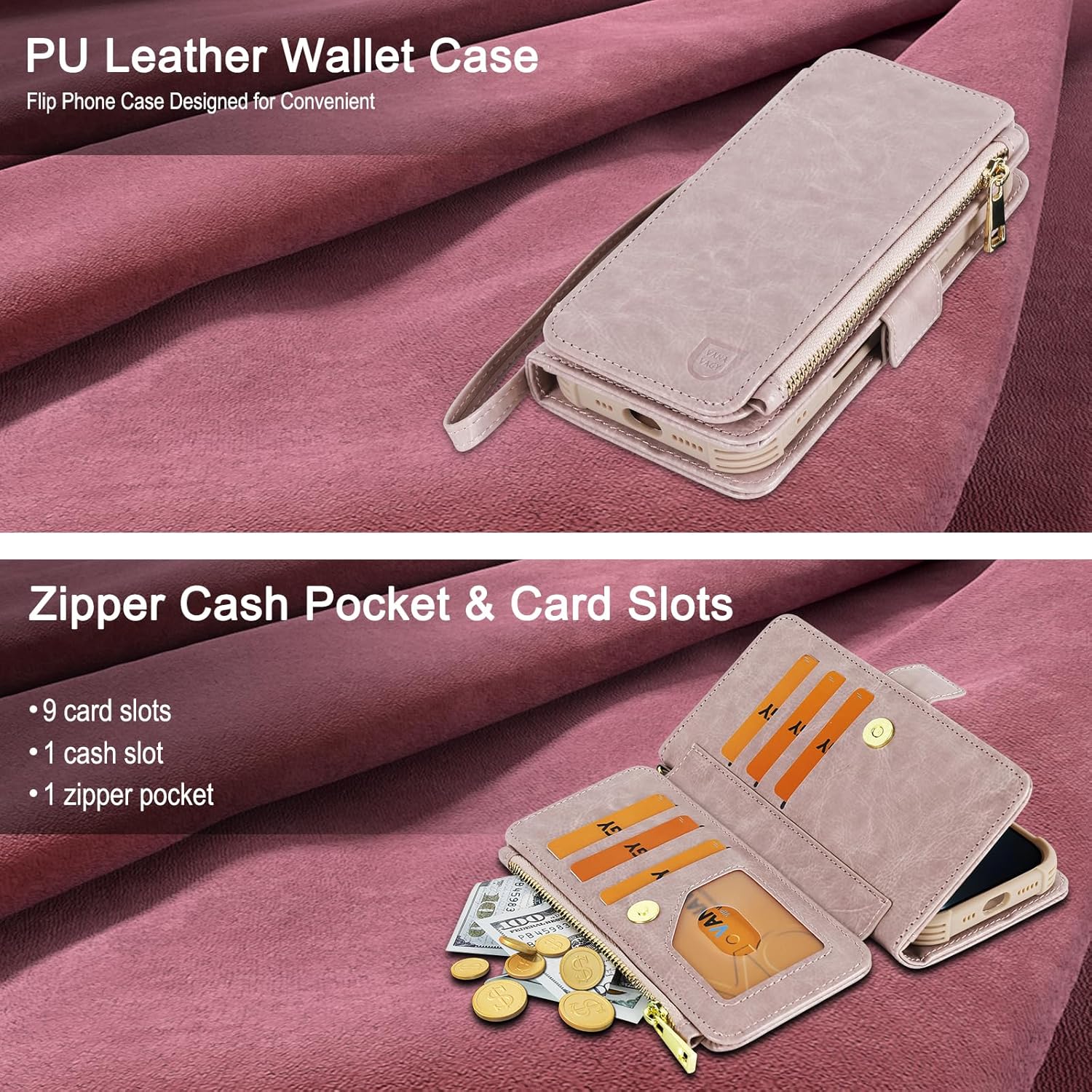 VANAVAGY Compatible for iPhone 16 Pro Wallet Case with RFID Blocking Card Holder for Magsafe, PU Leather Magnetic Strap Wallet Detachable Phone Case with Kickstand for 16 Pro 6.3inch,Salmon Pink