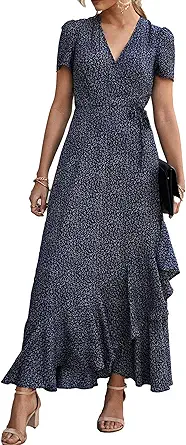 PRETTYGARDEN Women's Summer Maxi Dress Casual Wrap Floral Boho Short Sleeve V Neck Split Ruffle Beach Long Dresses