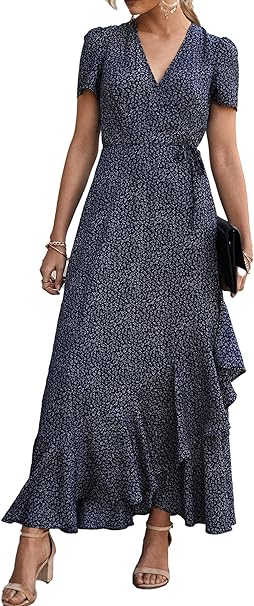 PRETTYGARDEN Women's Summer Maxi Dress Casual Wrap Floral Boho Short Sleeve V Neck Split Ruffle Beach Long Dresses