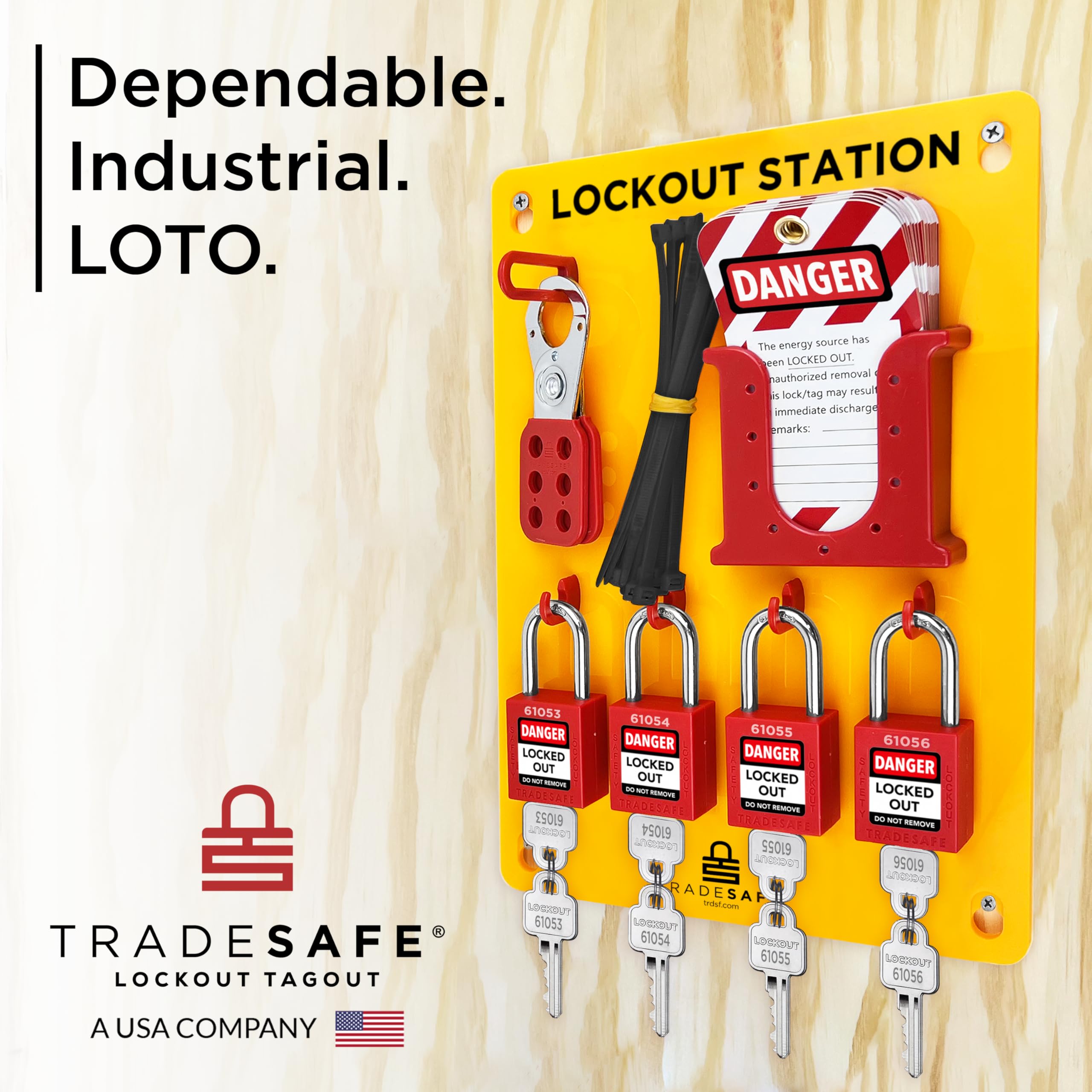 TRADESAFE Estación de etiquetado de bloqueo con dispositivos Loto – Kit de etiqueta de bloqueo con juego de 4 cerraduras de seguridad, cerrojo para candados, 20 etiquetas de no operación para