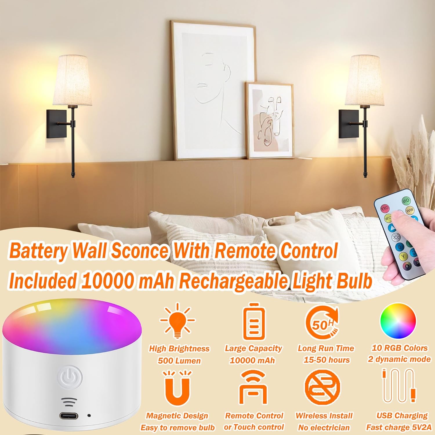 Battery Operated Wall Sconce Light Set Of Two, Battery Operated Sconces Wall Lighting Indoor Wireless Wall Sconce With Remote Control, Dimmable Battery Wall Lamp With 3CCT Bulb For Bedroom Living Room Black