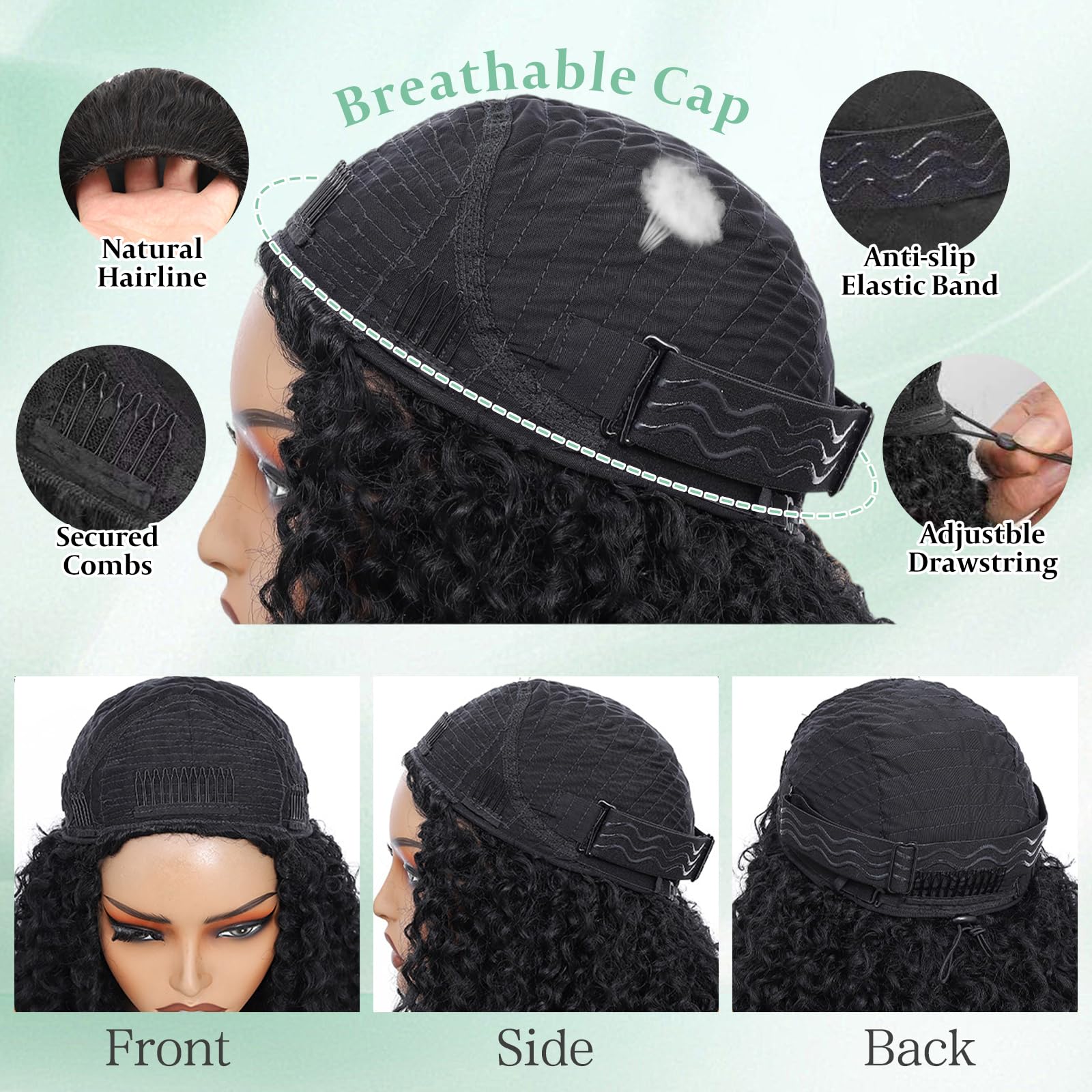 Kinky Curly Half Wig Human Hair 180% Density 3 In 1 Seamless Flip Over Half Wigs Human Hair Glueless Wear and Go Kinky Curly Wig with Drawstring Headband Wigs for Women Invisible Hairline 16 Inch