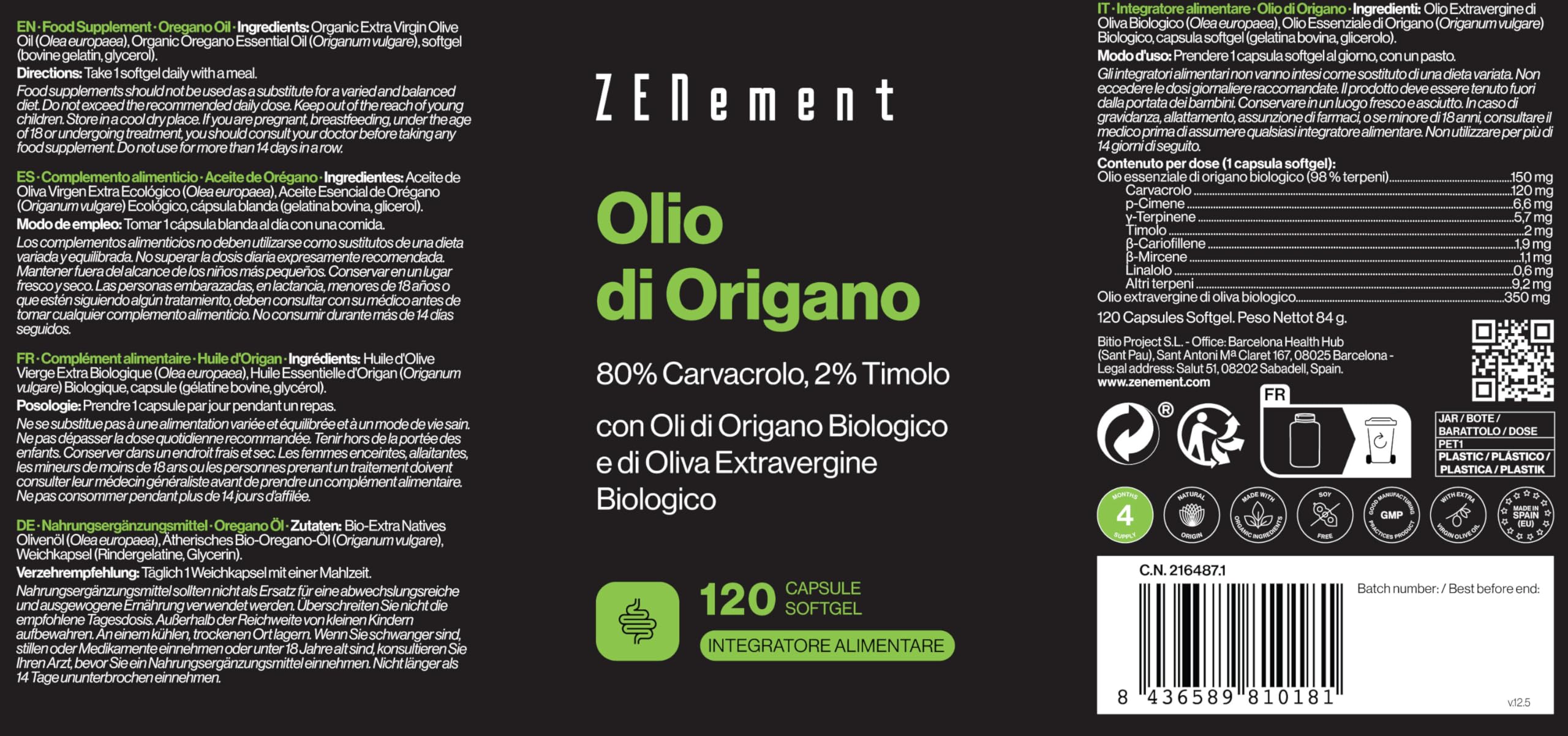 Olio di Origano, Standardizzato all’80% di Carvacrolo e al 2% di Timolo – Con Olio Extra Vergine di Oliva Biologico per un Migliore Assorbimento – 120 Capsule Softgel – Zenement