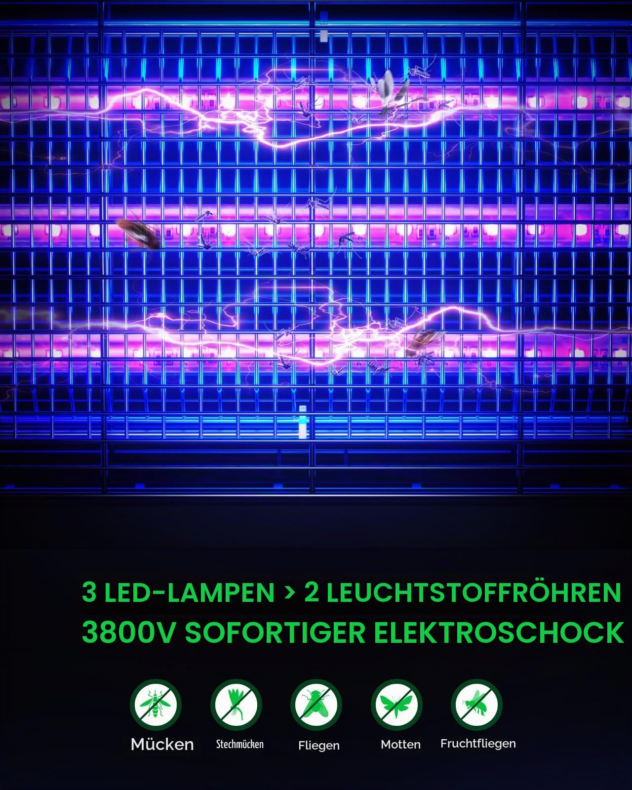Buzbug LED Bug Zapper Innen, 3 Effiziente 50000H LED Birnen, Energiesparend & Dual Band Anziehung, Hochspannung Elektrischer Mückenzapper, Fliegenfalle Mückenfalle, Fliegenvernichter Fliegenvernichter