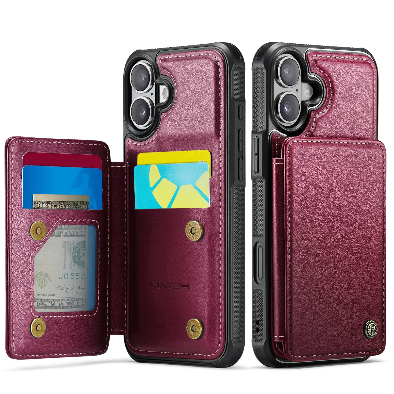 Photo 1 of Vinich for iPhone 17 Wallet Case with Card Holder, RFID Blocking Credit Slots Kickstand Shockproof Phone Cover Fit for iPhone 17 6.3" Wine Red