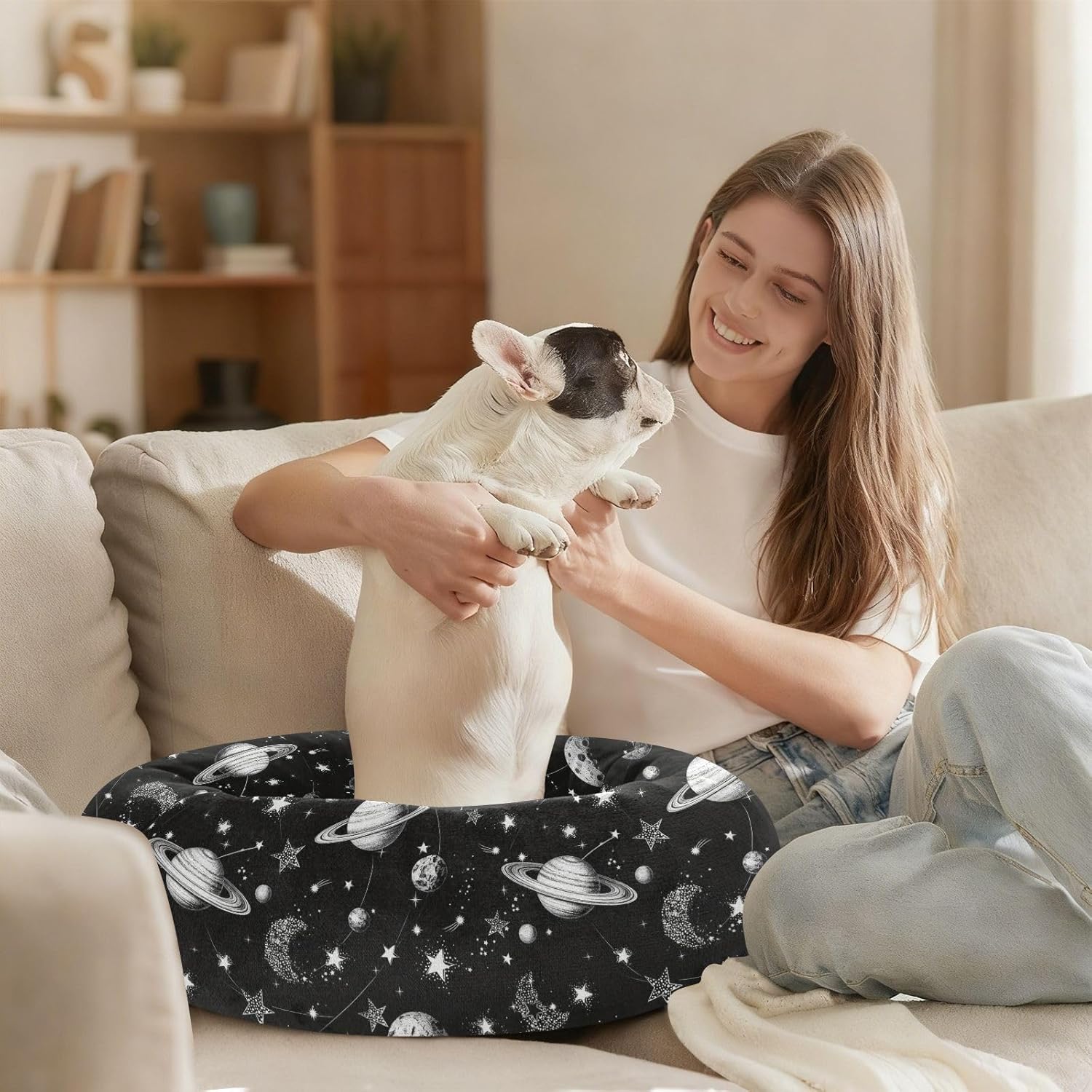 Wudan Pet Cat Beds Anxiety Relief Fluffy Dog Pillow Bed for Medium Size Pets Supplies M Space Planets and Stars