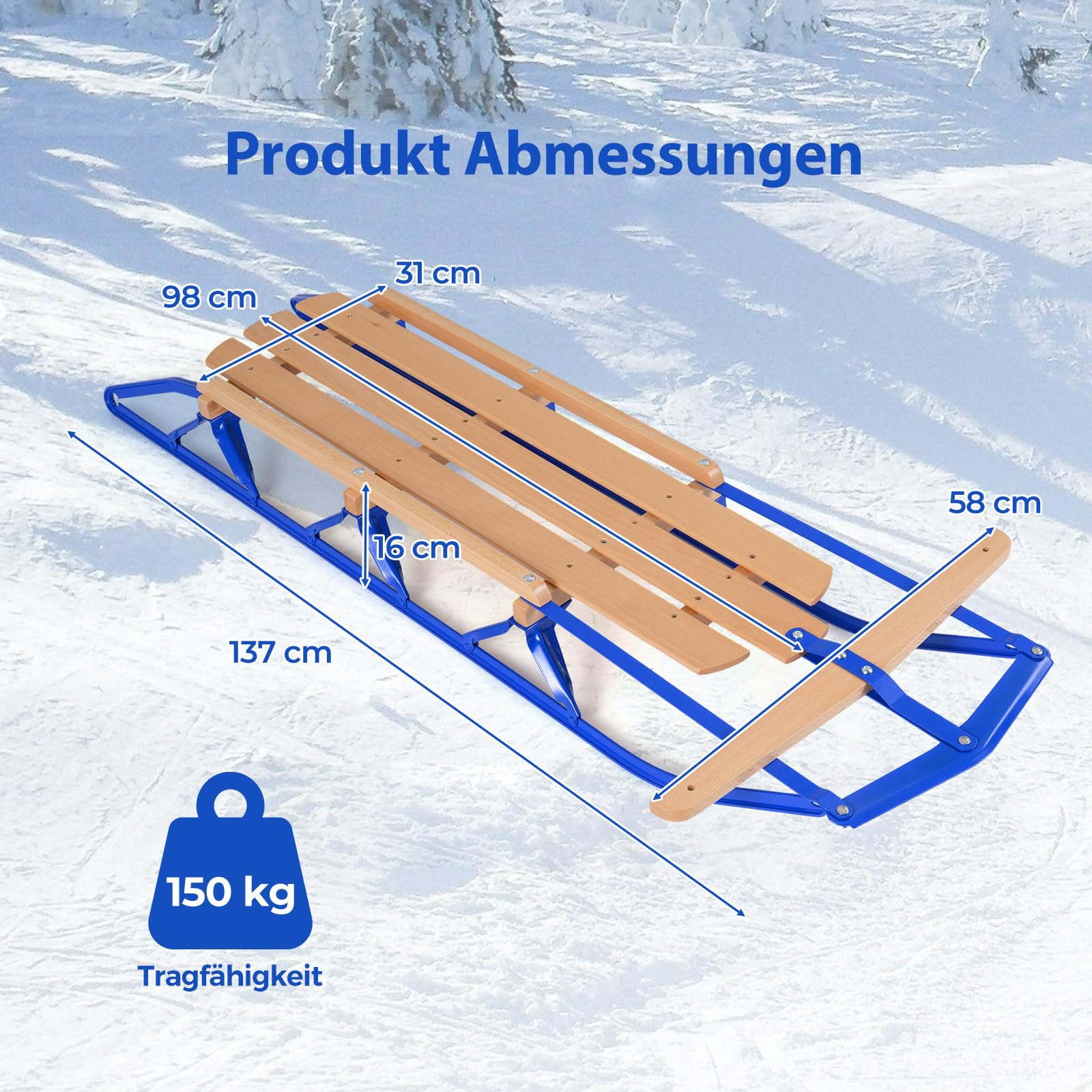 COSTWAY Schlitten, 137 cm Holzschlitten, Kinderschlitten aus Holz, Davoser Schneeschlitten für Kinder und Erwachsene