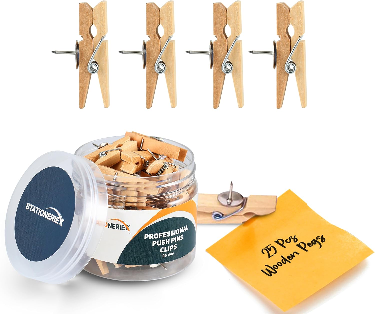 25 Pcs Push Pins with Wooden Clip for Classroom Decor