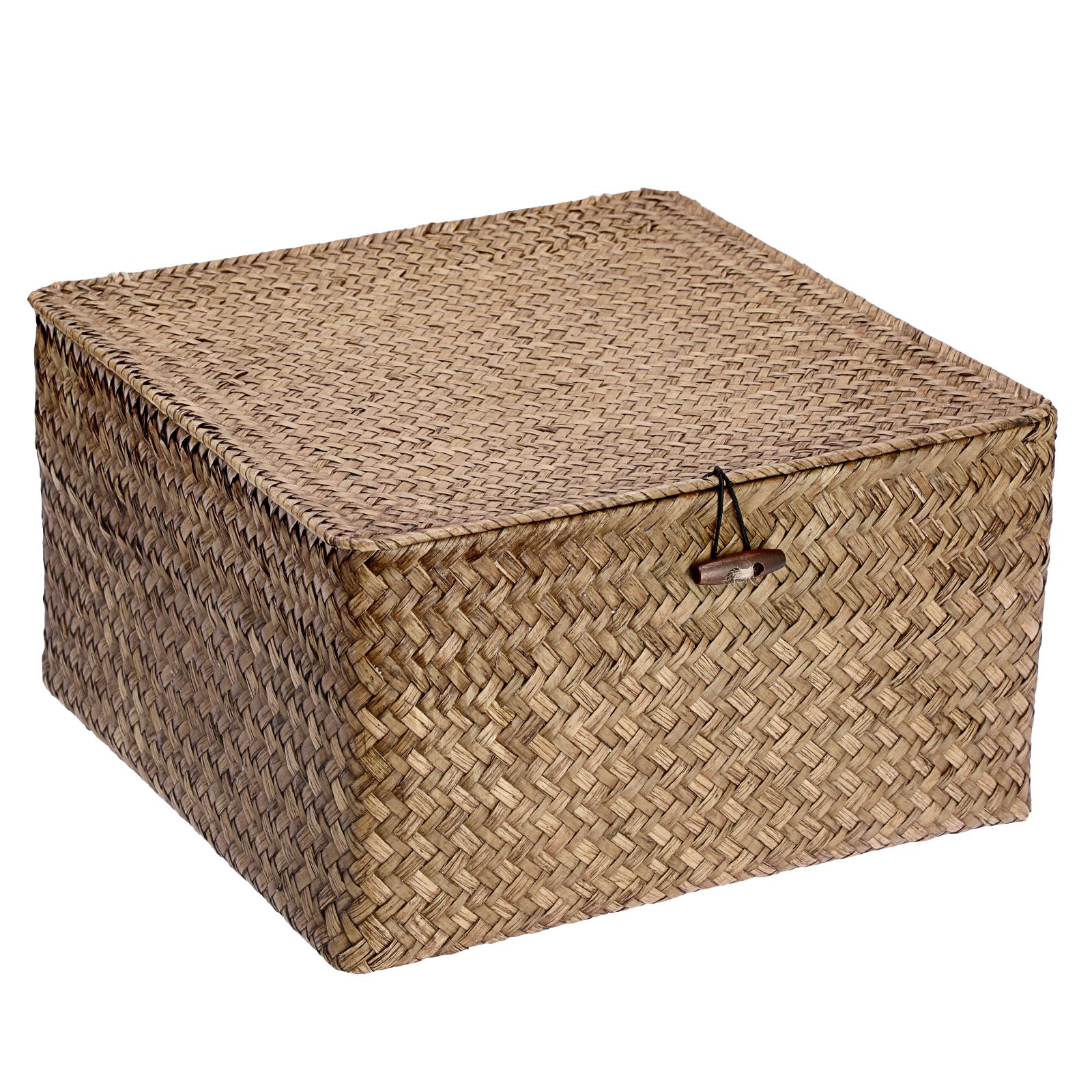 IGNPION Seagrass Storage Basket with Lid Woven Wicker Desktop Basket Rectangular Bathroom Storage Organiser Box, Living Room Decorative Under Shelf Basket Multipurpose Storage Hamper(33x33x18cm) โ image 1