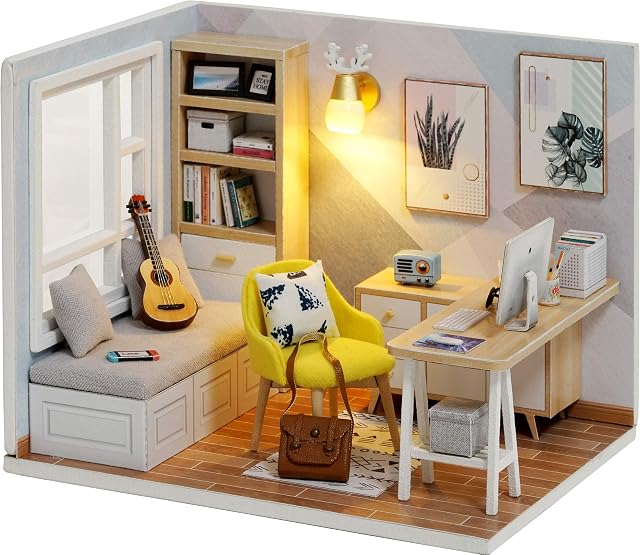DIY Doll Room Miniature Furniture Wooden House Kit - DIY Cabin Sunshine Study 1:32 Mini Collector's Edition with Furniture and Accessories (Without Bear)