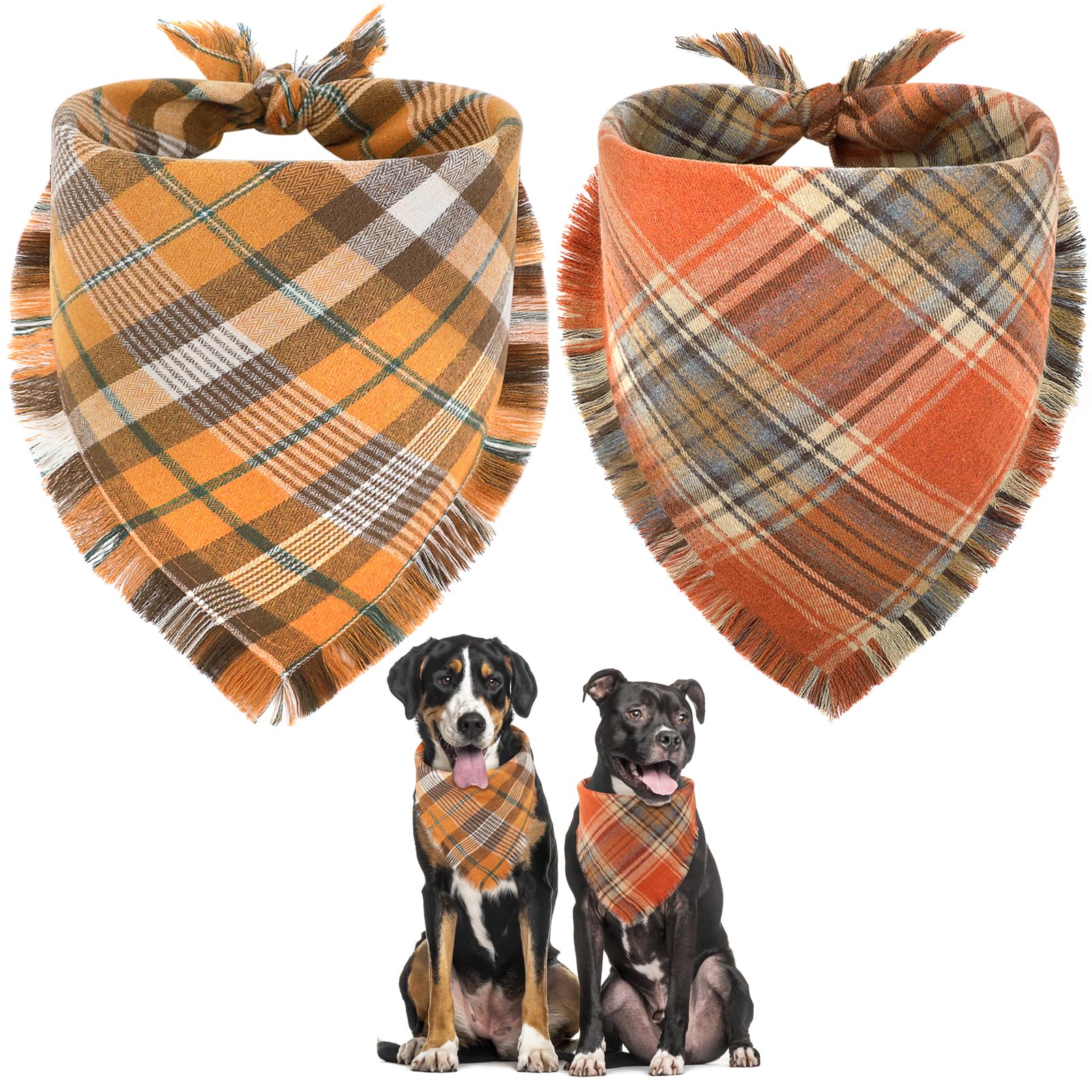 Vivifying Halloween Dog Bandana, 2 Pack Fall Thanksgiving Classic Plaid Dog Scarf with Tassels Edges, Funny Pet Apparel & Accessories Costume for Photo Prop, and Party Decor (Large, Yellow&Orange)