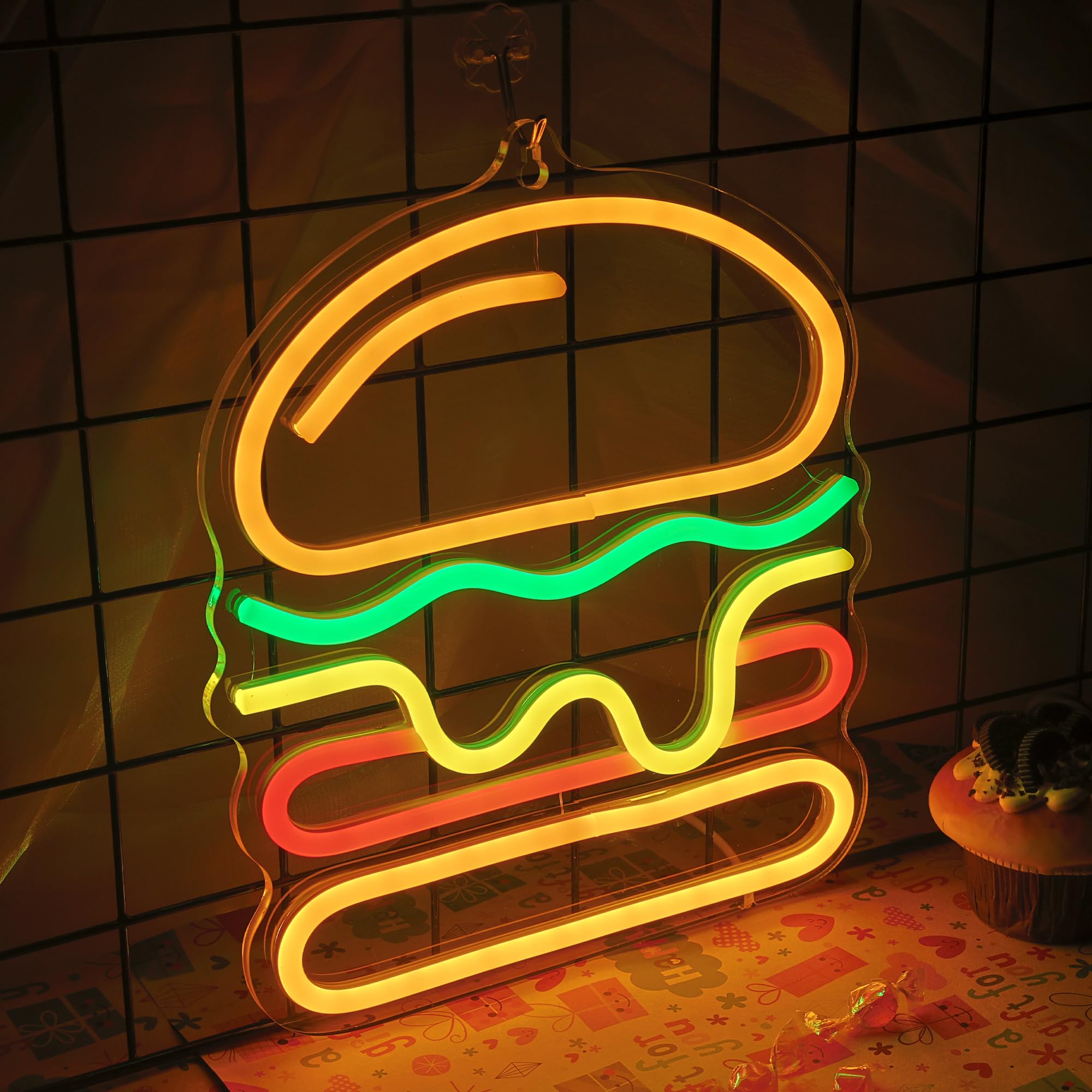 Attivolife Panneau néon hamburger pour décoration murale, lampe lumineuse de délicieux aliments avec alimentation USB faible, décoration unique pour magasin de restauration rapide, restaurant, Noël