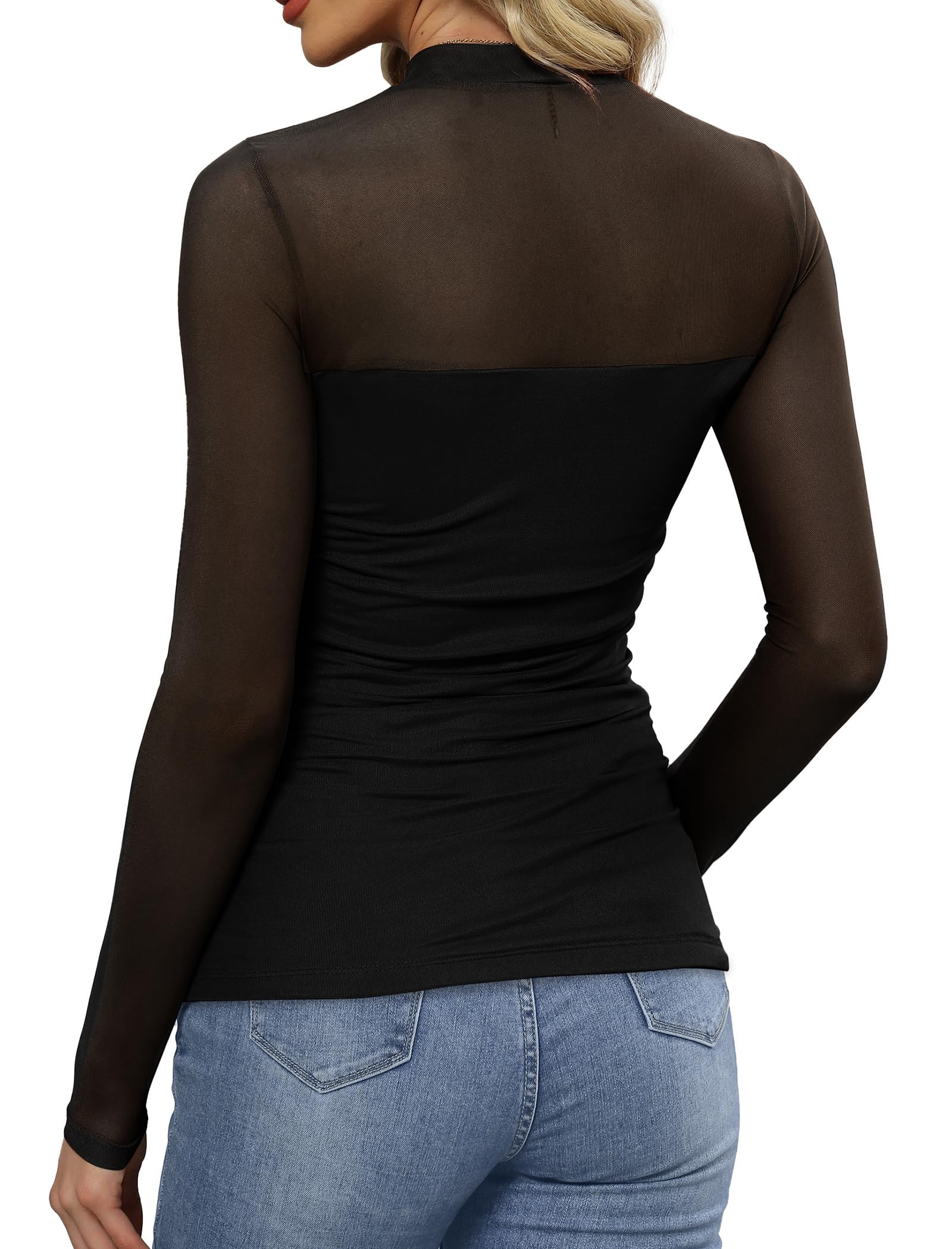 Womens Sexy Mesh Long Sleeve Shirts Fashion Clothing Turtle Necks Sheer Ruched Going Out Tops Fall Outfits Slim Fit Blouses