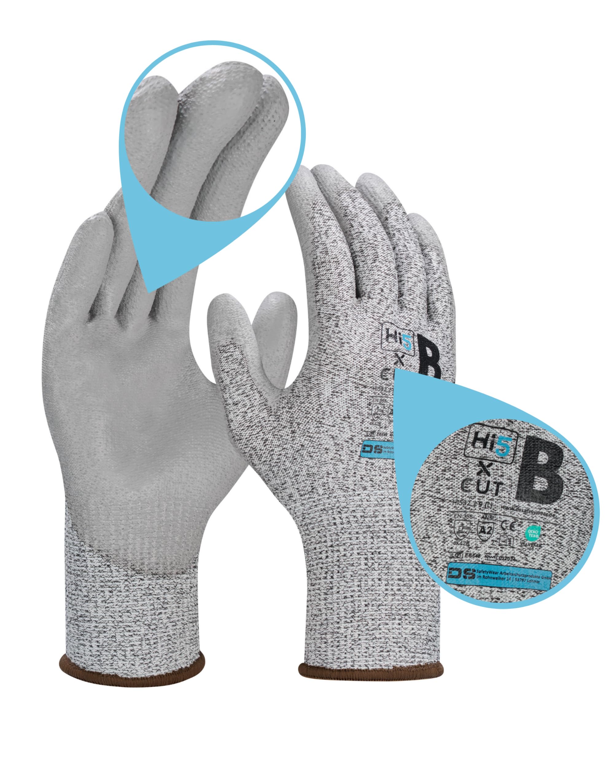 Hi5 X-Cut Schnittschutzhandschuhe 4X42B – 13G UHMWPE/Nylon/Spandex – PU-Handflächenbeschichtung – Schnittschutz Level B – EN 388 – grau (XL, 120, stück)