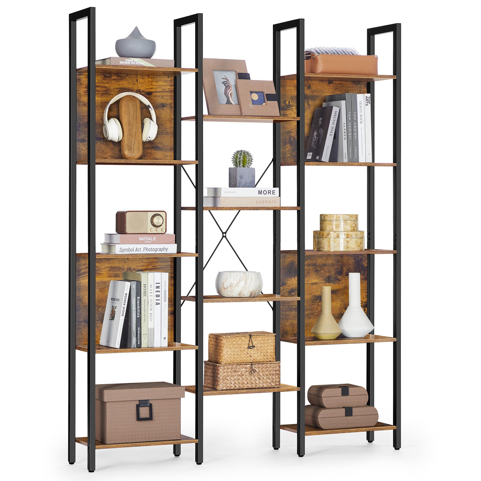 VASAGLE Libreria, Scaffale Portaoggetti, con 14 Ripiani, Struttura in Metallo, Soggiorno Studio Ufficio, Stile Industriale, 24 x 128 x 166 cm, Marrone Vintage e Nero Inchiostro LLS157K01