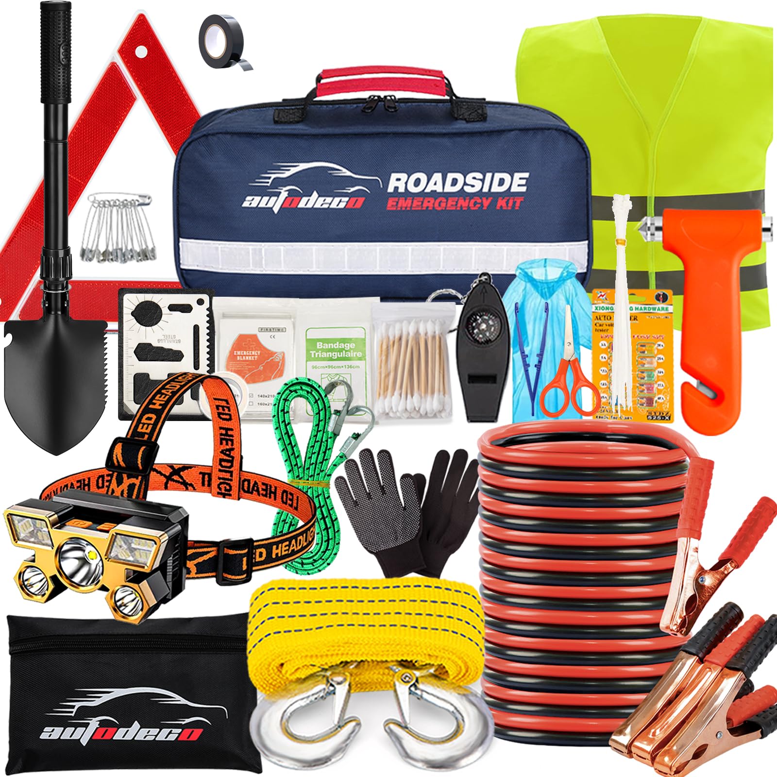 AUTODECO Car Emergency Kit - 88Pcs Premium Heavy Duty Car Safety Kit with Jumper Cable, Safety Hammer, Reflective Triangle & More