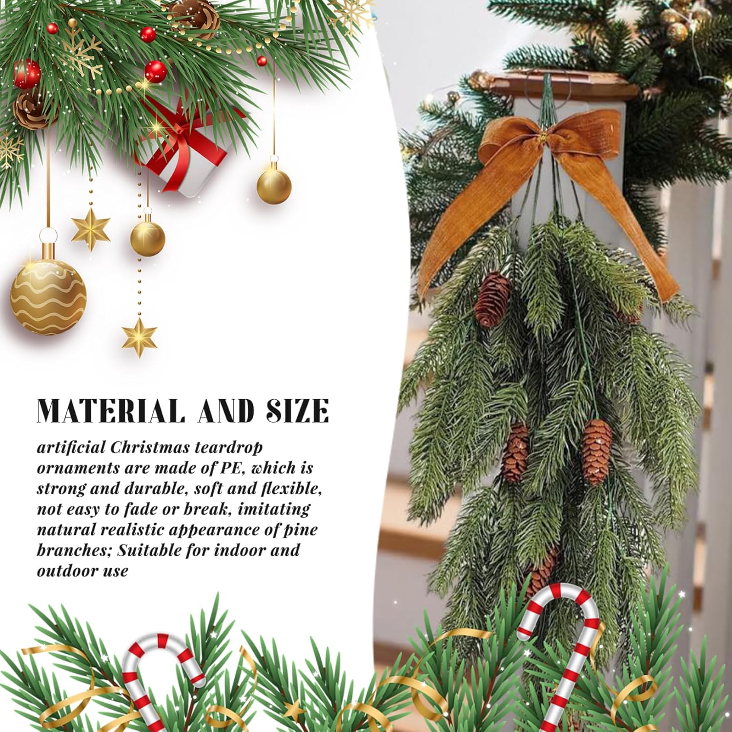 4Pcs Christmas Swag 27.6 Inch Artificial Realistic Teardrop Swag with Rustic Velvet Ribbon Bow for Festive Holiday Door Wall Home Porch and Mantel Décor Christmas Teardrop S