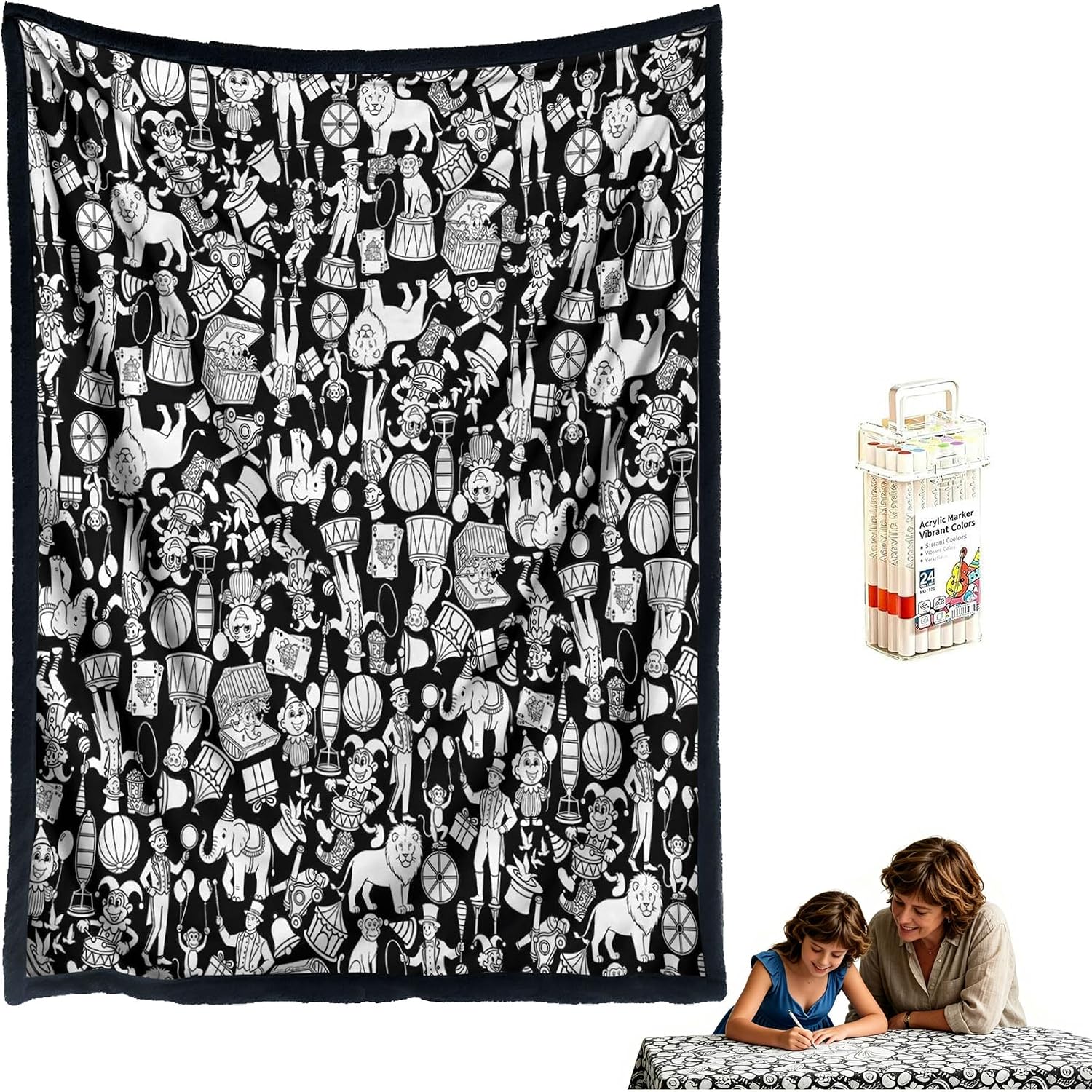 DIY Coloring Blanket with 24 Colors Markers,50"X60"Doodle Blanket(Circus)