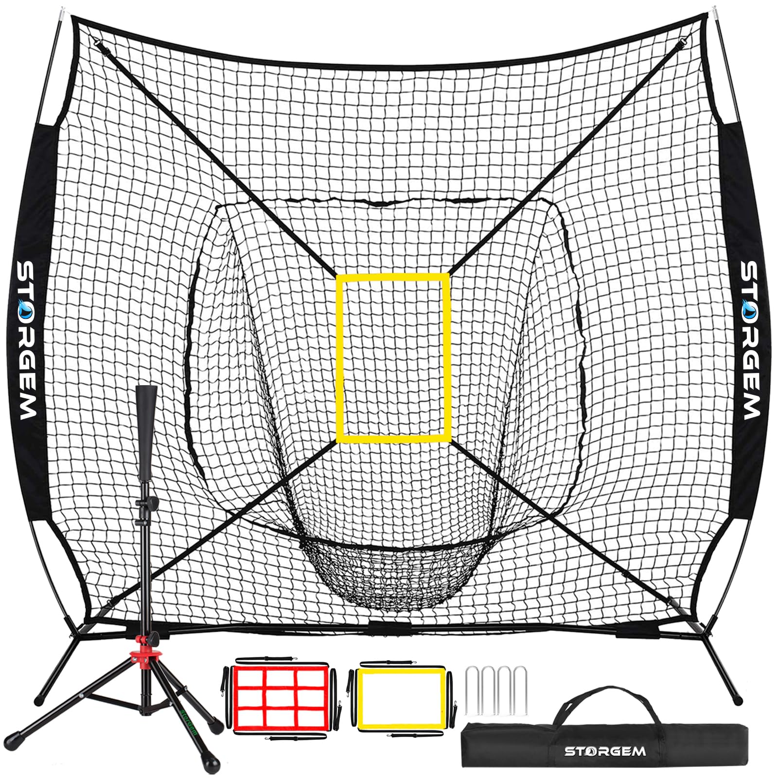 Storgem Baseball and Softball Practice Net 7×7ft Portable Hitting Pitching Batting Training Net Baseball Backstop Net with Batting Tee and Strike Zone and Bow Frame