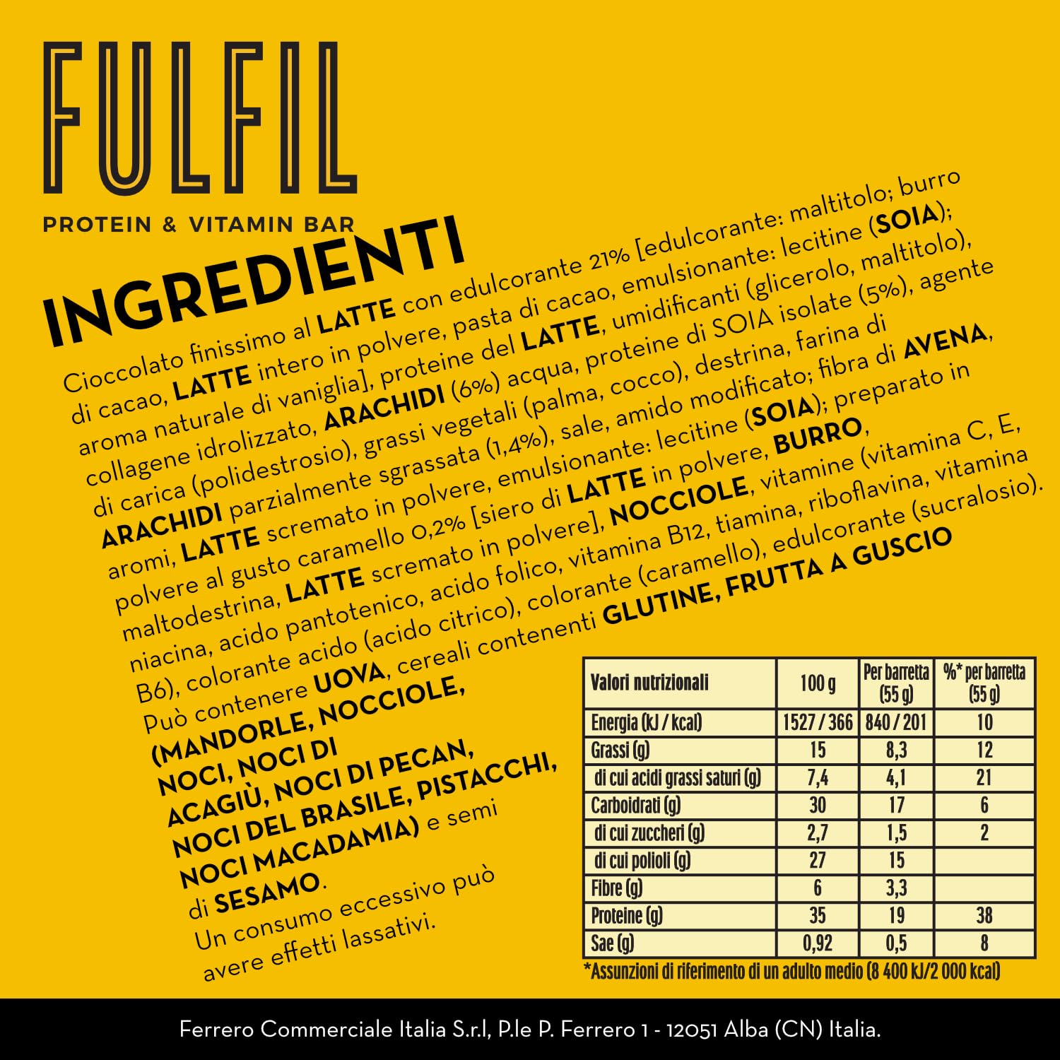 FULFIL - 15 Barrette Proteiche da 55 Grammi, Gusto Cioccolato Caramello e Arachidi con 9 Vitamine e Pochi Zuccheri, Confezione da 825 Grammi