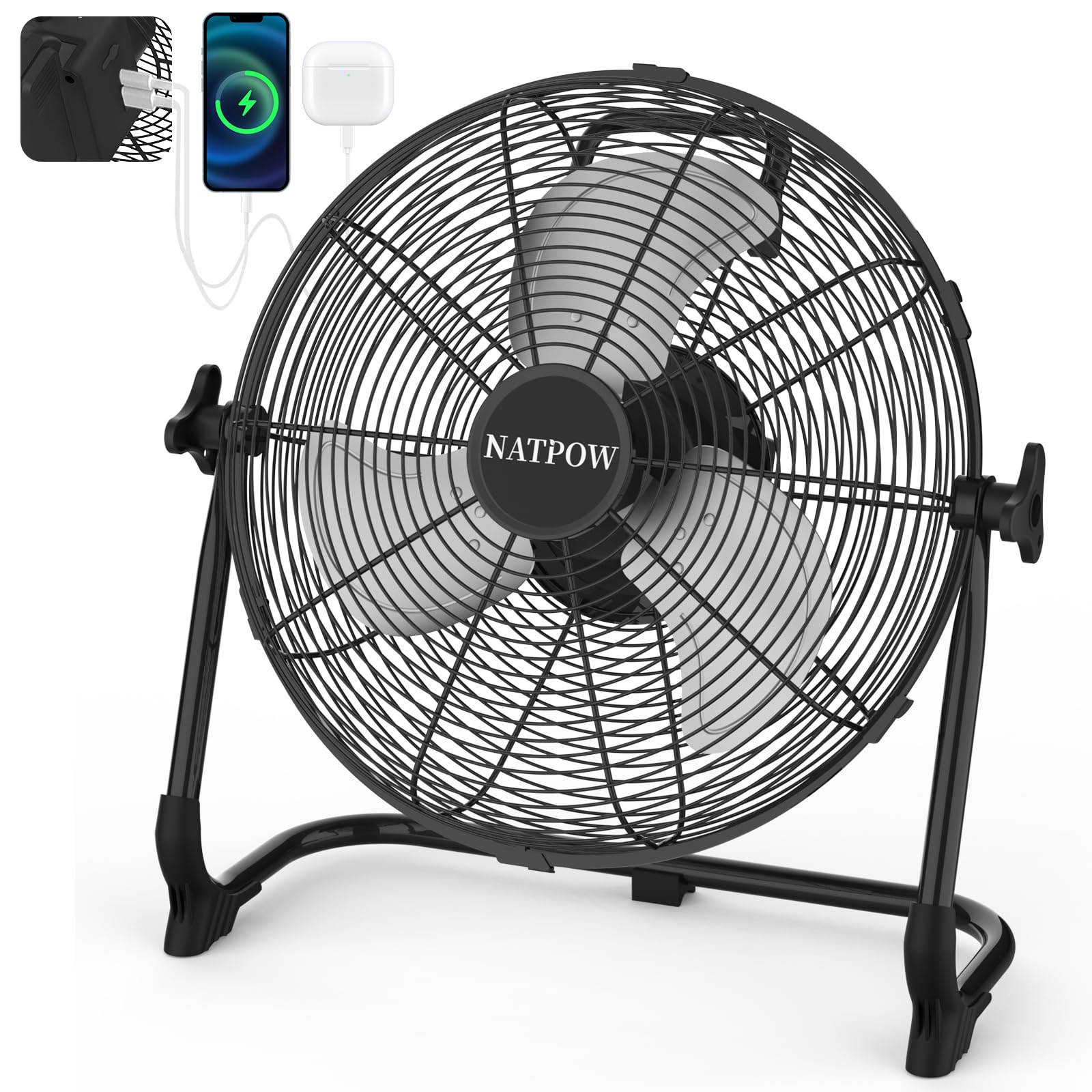 NATPOW Rechargeable Ventilateur de Sol pour Intérieur et Extérieur, 13200mAh Brasseur d'air avec Type C et USB, 15W 30 cm Ventilateur, Adaptateur 1,5 m Inclus, Silencieux, Économe en Énergie, Noir