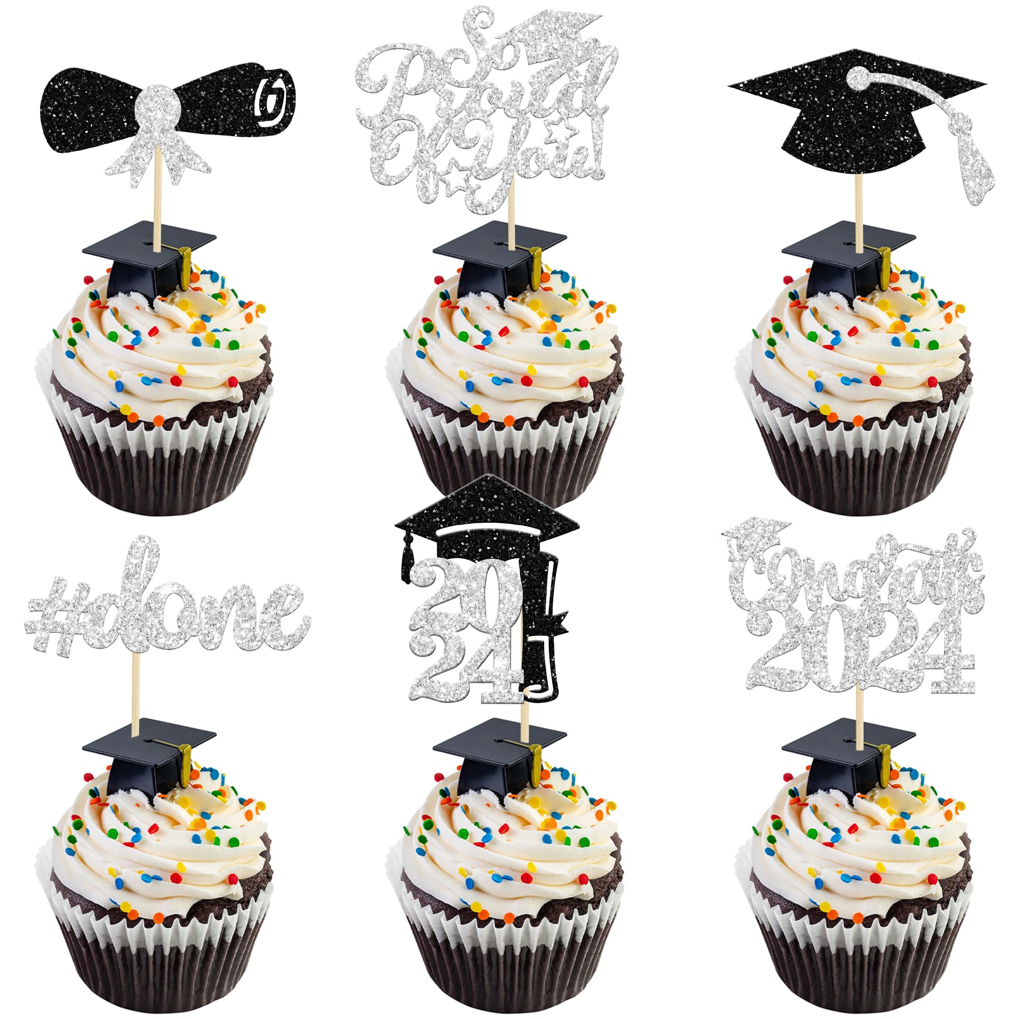 Gyufise 24Pcs Graduation Cupcake Toppers 2026 Silver Glitter Class of 2026 Cupcake Toppers Supplies So Proud of You Congrats Grad Cap Diploma Cupcake Picks for Graduation Party Decorations