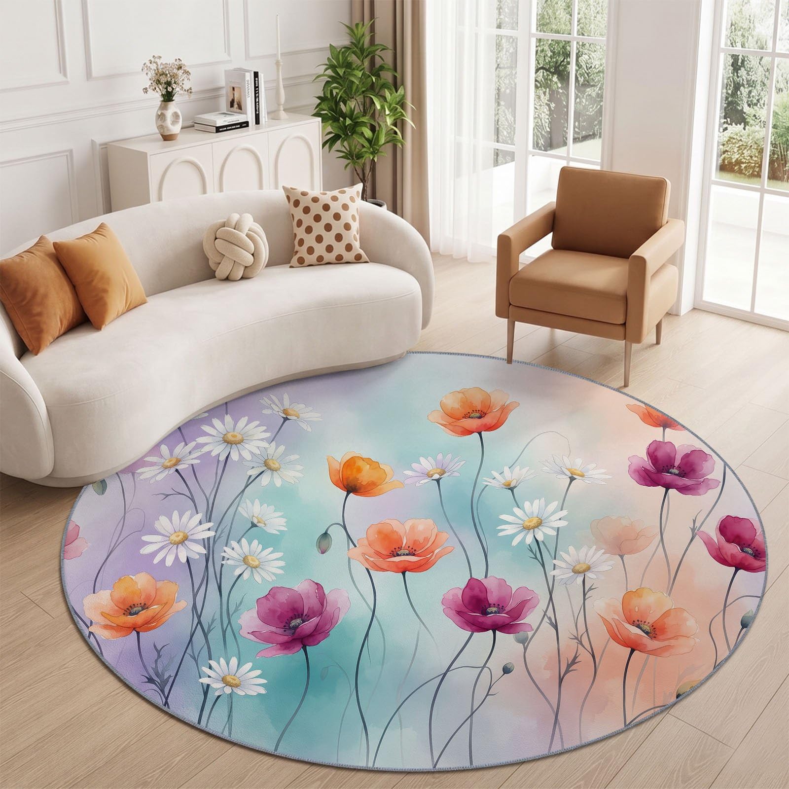 Okrągły dywan w stylu wiejskim do salonu, 90 cm, okrągły dywan z antypoślizgowym spodem, wielokolorowy, zmywalny dywan do sypialni, stokrotka, pączek, miękki nadruk, do salonu