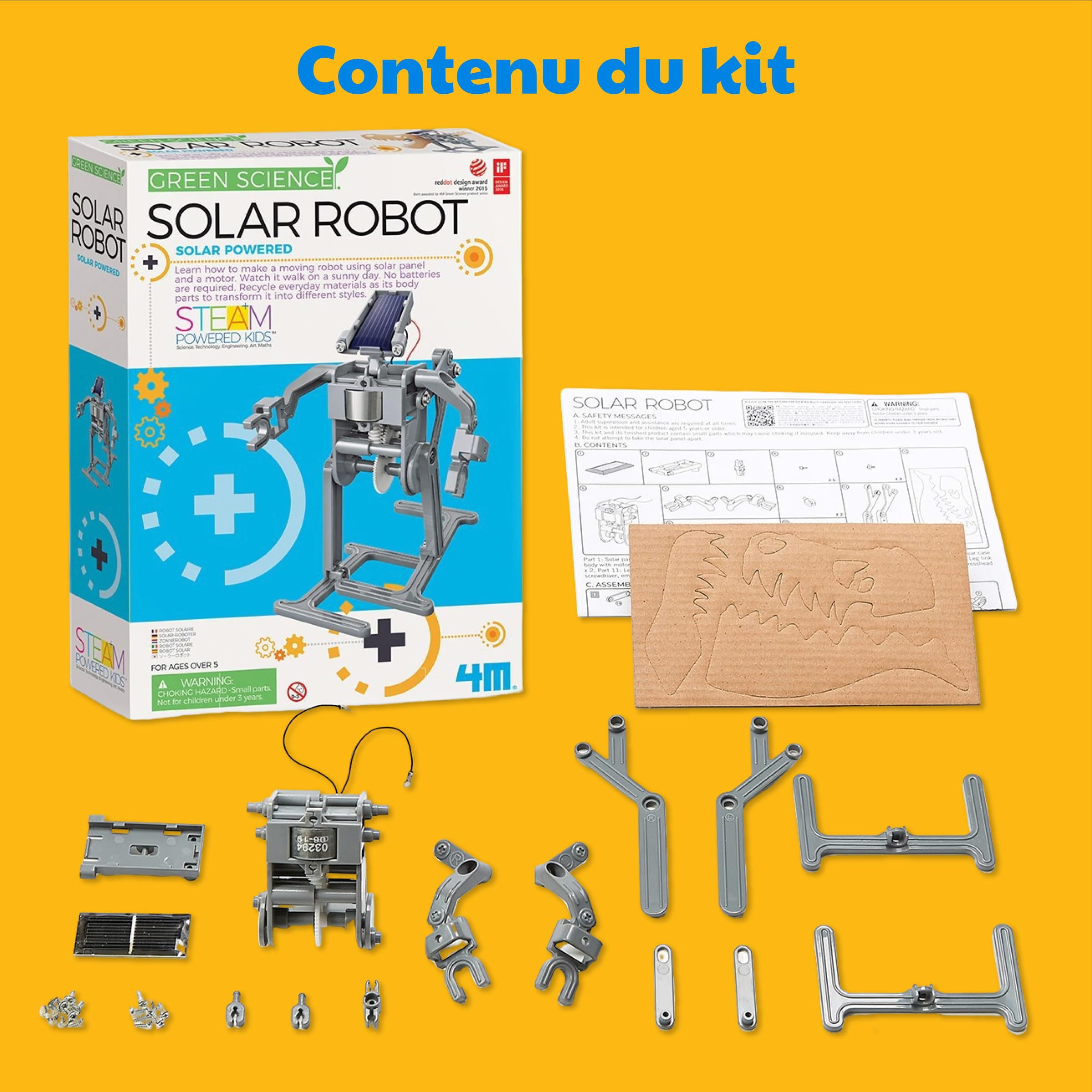 4M Kidzlabs GREEN SCIENCE: ROBOT SOLAIRE / EMBALLAGE F R A N C A I S, H14cm, à l'aide des panneaux solaires et un moteur le robot peut se déplacer, instructions détaillées incluses, boîte 24x22x6cm, 5+