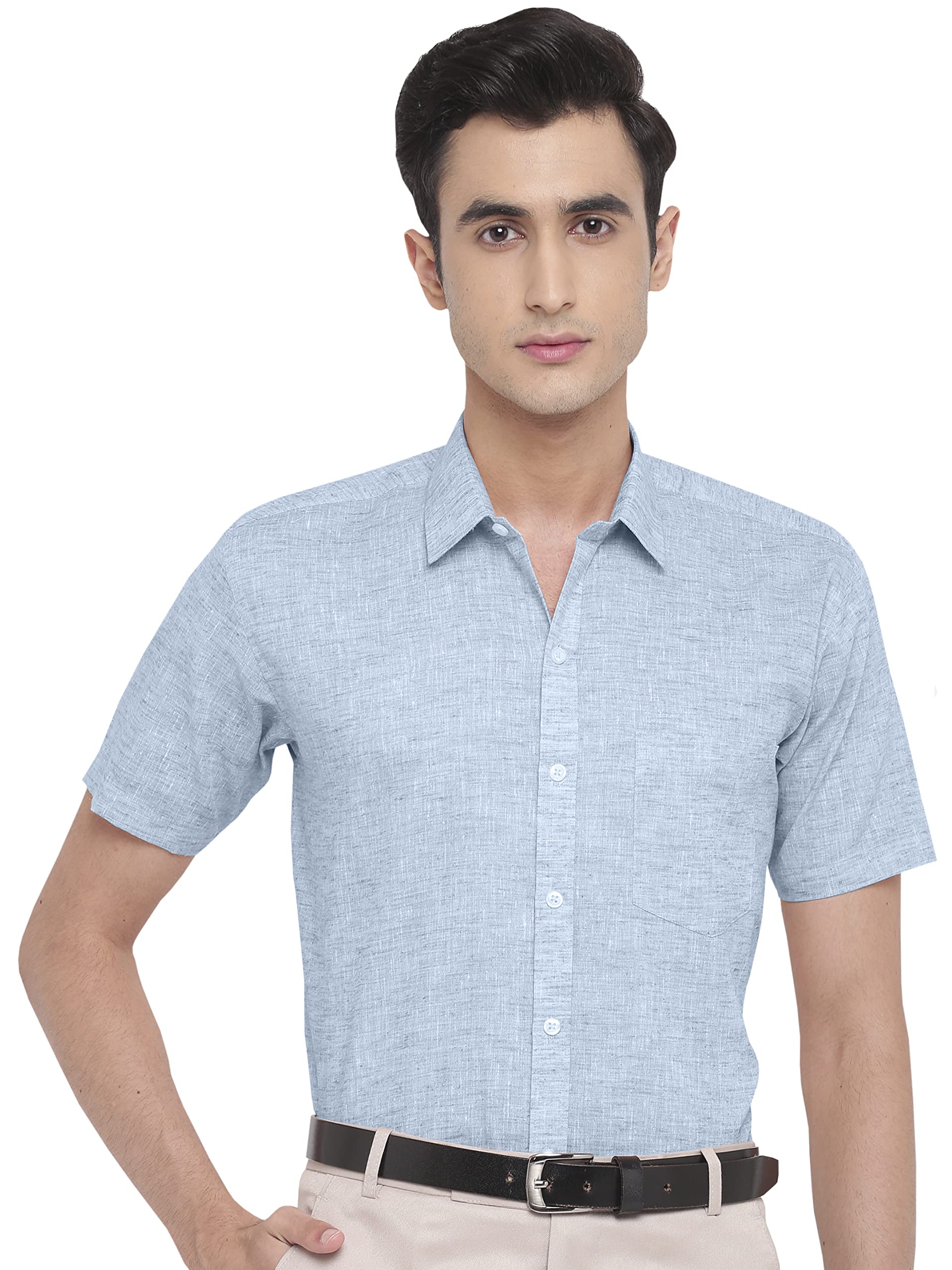 GHPCCotton Linen Plain Solid Half Sleeves Regular Fit Formal Shirt for Men