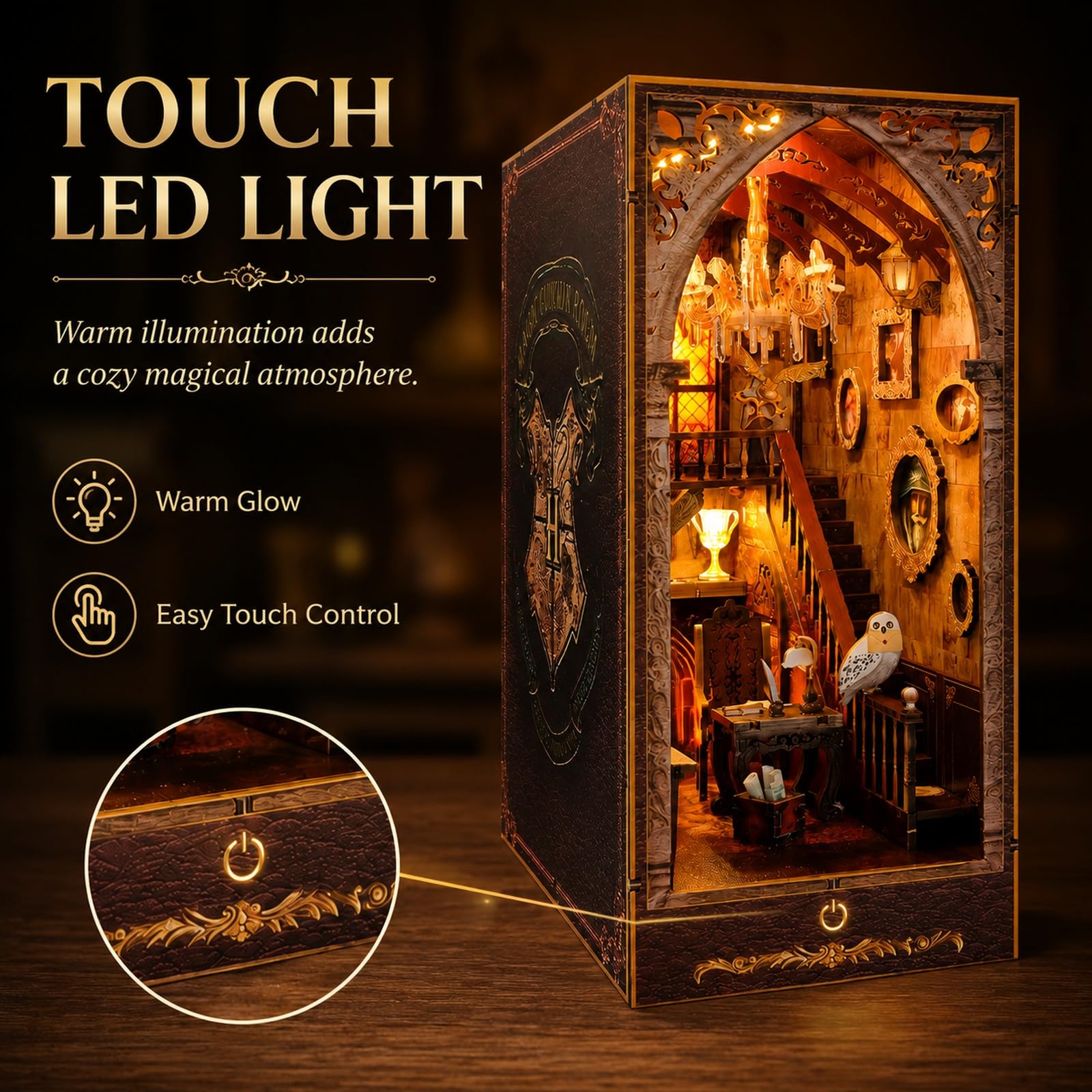 GOOGO Kit Book Nook, casa in miniatura DIY Book Nook con luce LED, puzzle 3D in legno, fermalibri decorativo per libreria, regalo creativo per adulti e ragazzi dai 14 anni in su (Scuola di magia)