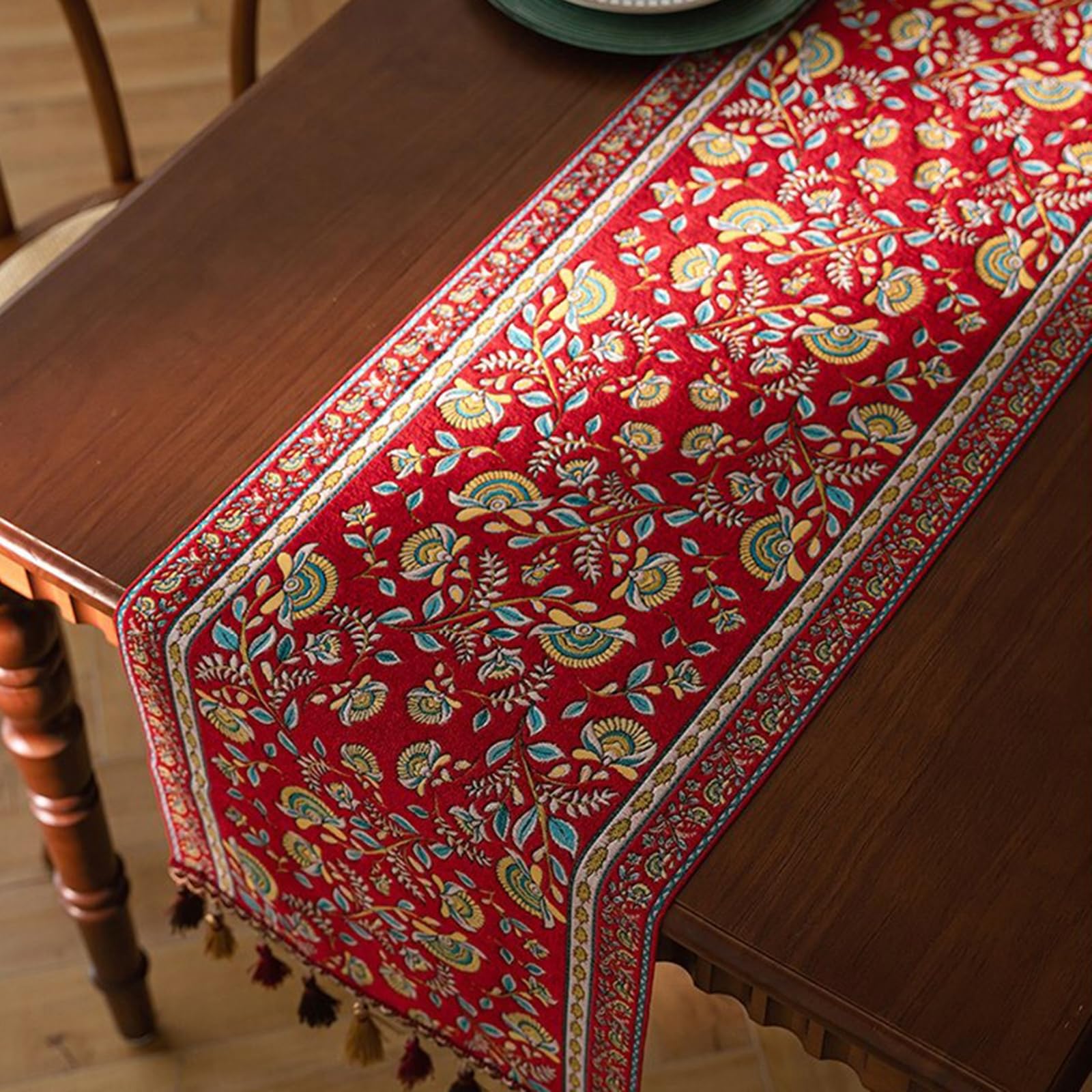 Camino de Mesa Decorativo para Mesa Comedor Poliéster, Caminos de Mesa Moderno 35x270 cm, Jacquard de Hojas Y Flores con Borlas