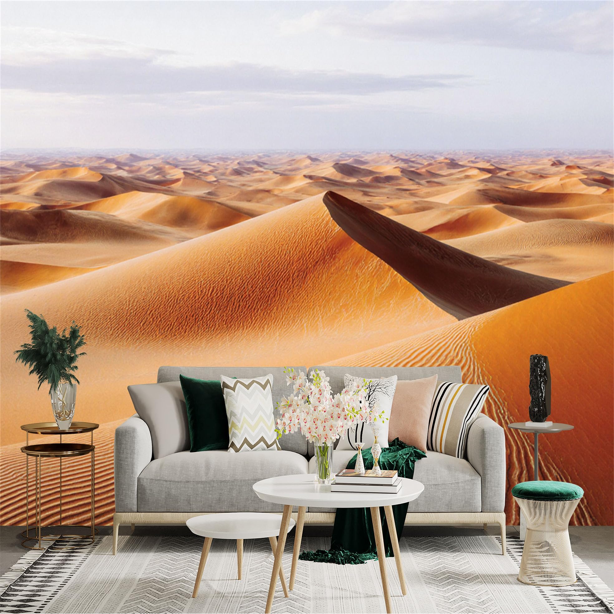 Custom Size Wall Sticker Mural， Golden Desert Sand Dunes， Vast Arid Landscape， Natural Saharan Scenery， for wall Decoration， peelandstick wall Decals.