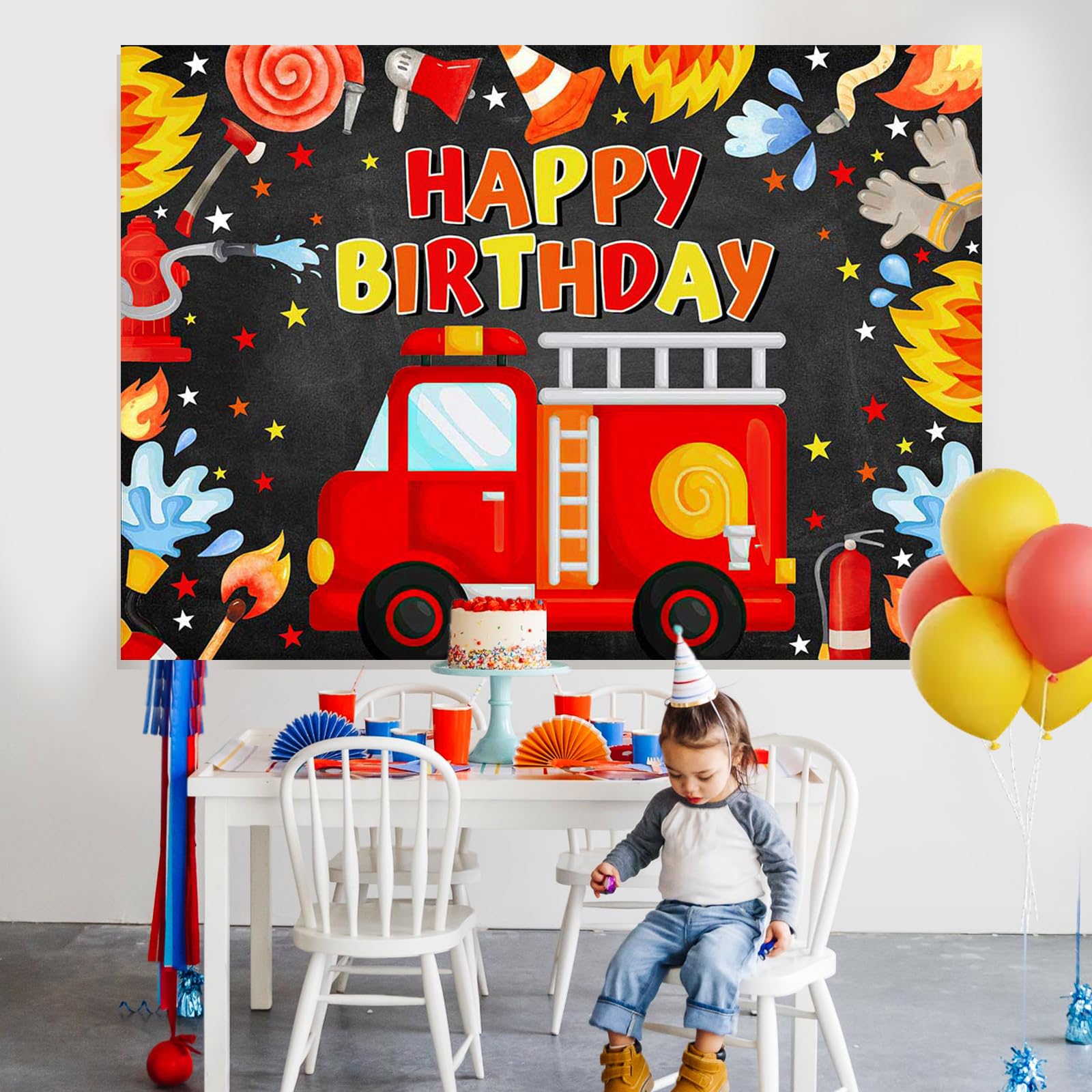 Firetruck Birthday Banner Backdrop - 70.8x43.3 Inch Party Decor With Rope For Hanging
