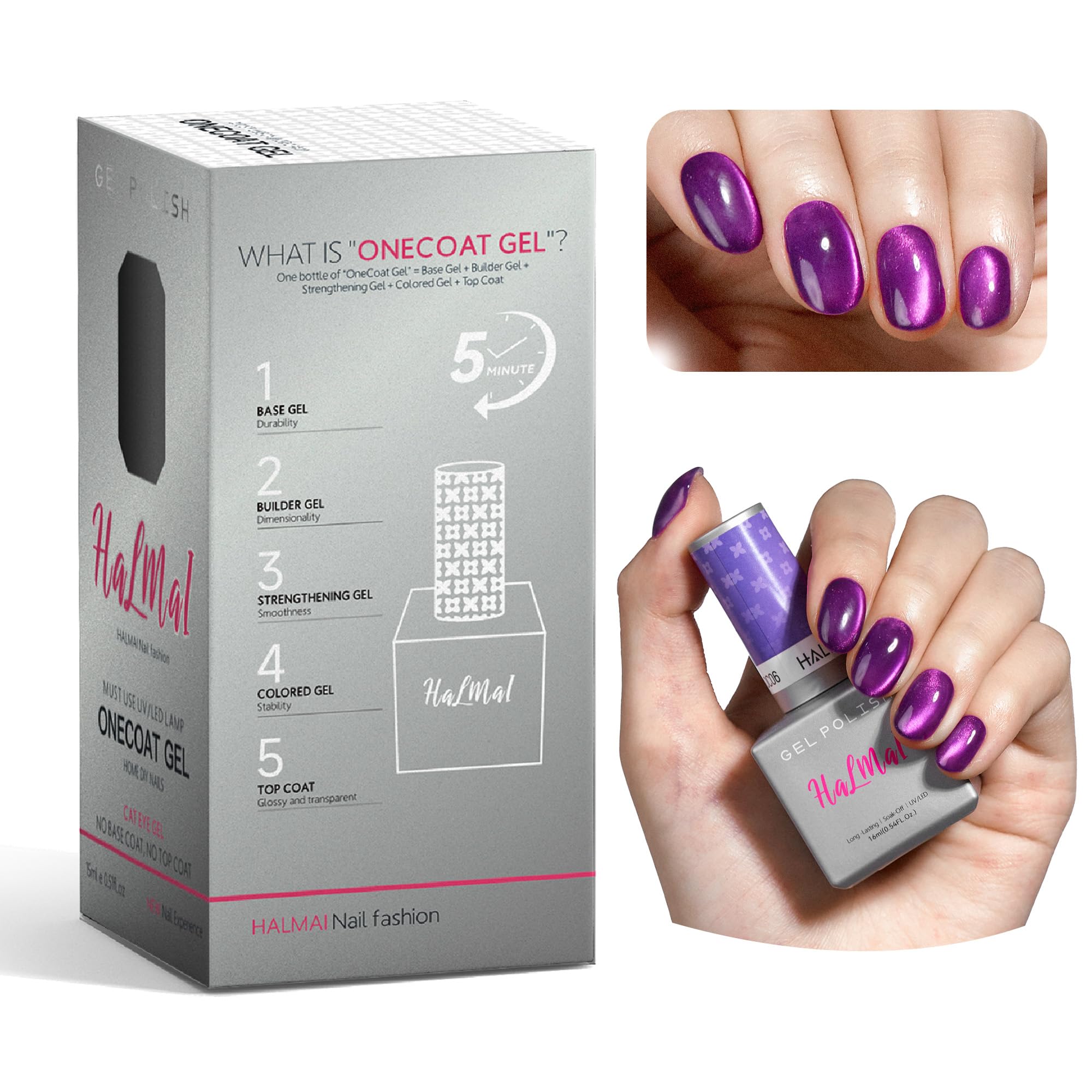 HALMAI Smalto Semipermante Cat Eye OneCoat con Magnete 5 in 1 per Unghie (Base, Colore, Ricostruzione, Rinforzante, Top Coat) -Regalo per Unghie Fai da Te, Ideale per Principianti & Casa (Viola)