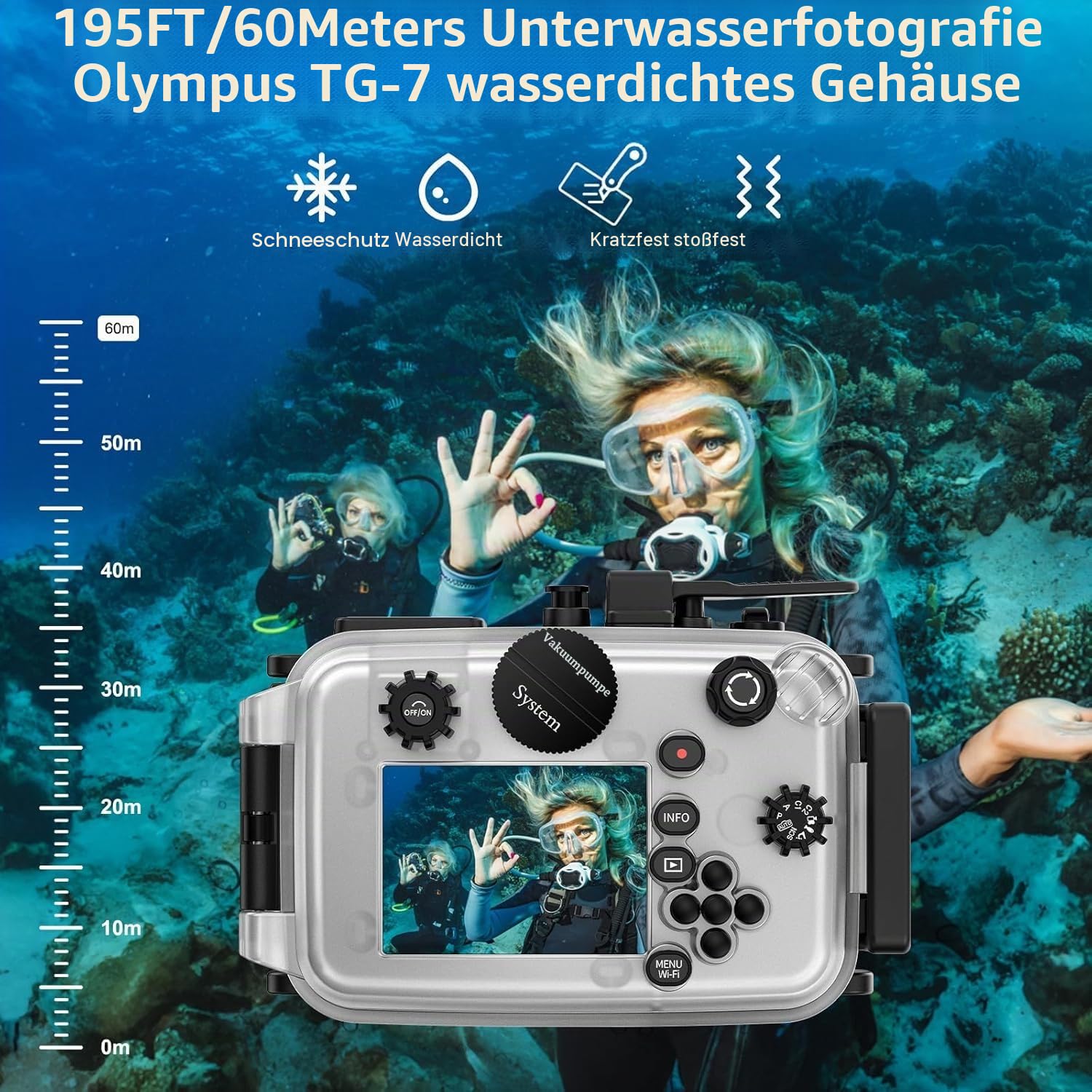 Sea frogs Kameragehäuse kompatibel mit Olympus TG-7 mit Rotfilter und Lampe, IPX8 wasserdicht bewertet, 60m/196ft Tiefenschutz Unterwasserkameratasche, ideal zum Tauchen, Surfen, Rudern (Schwarz)