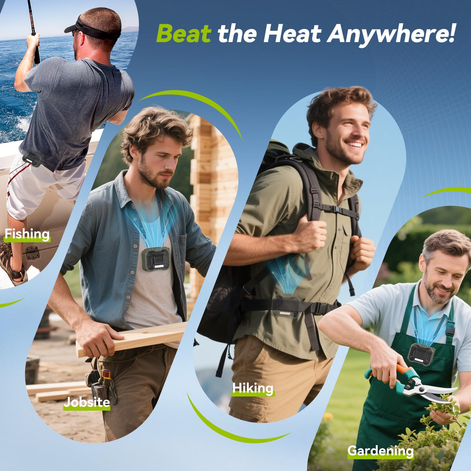 Rintea Ventilateur portable avec clip en vie, 10000 mAh, ventilateur USB, 3 vitesses, mini ventilateur portable avec éclairage, pour bouffées de chaleur, voyage en plein air, camping, vert