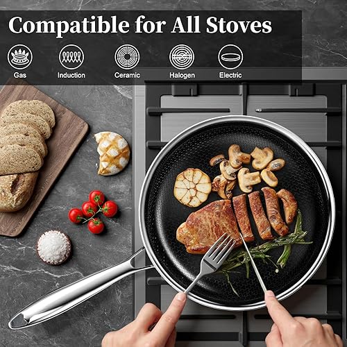Miniatura 3 de Innerwell Sartenes antiadherentes de 8 pulgadas, sartén de acero inoxidable de tres capas de cerámica de titanio, sartén pequeña híbrida