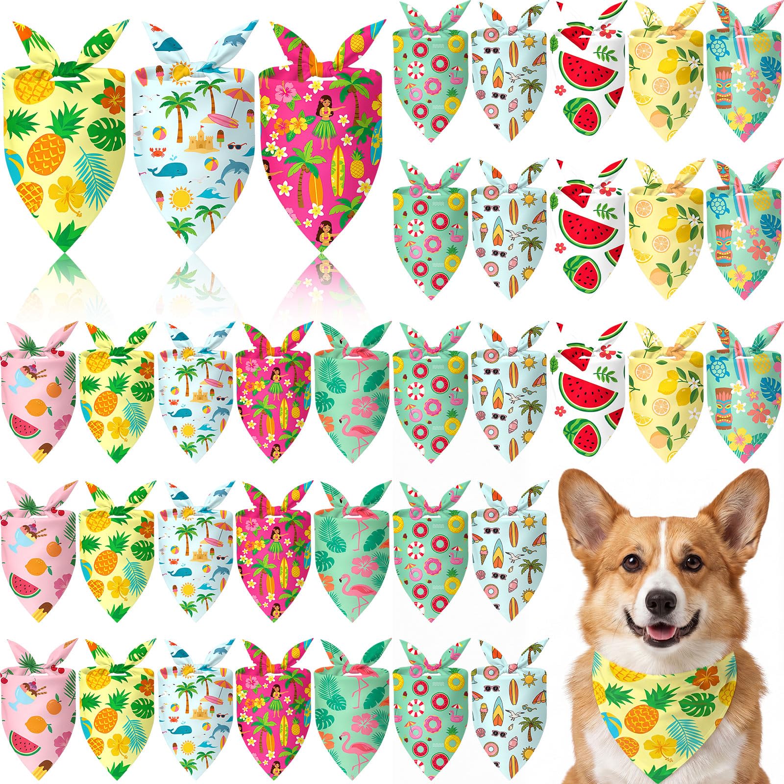 Weewooday 50 Pcs Summer Bandanas Bulk for Dogs Kerchief Bibs Scarves with Beach, Fruit, Hawaii Ice Cream Luau Aloha Rainbow Pool for Small Medium Large Grooming Accessories(19.7 x 13.8 x 13.8 Inch)