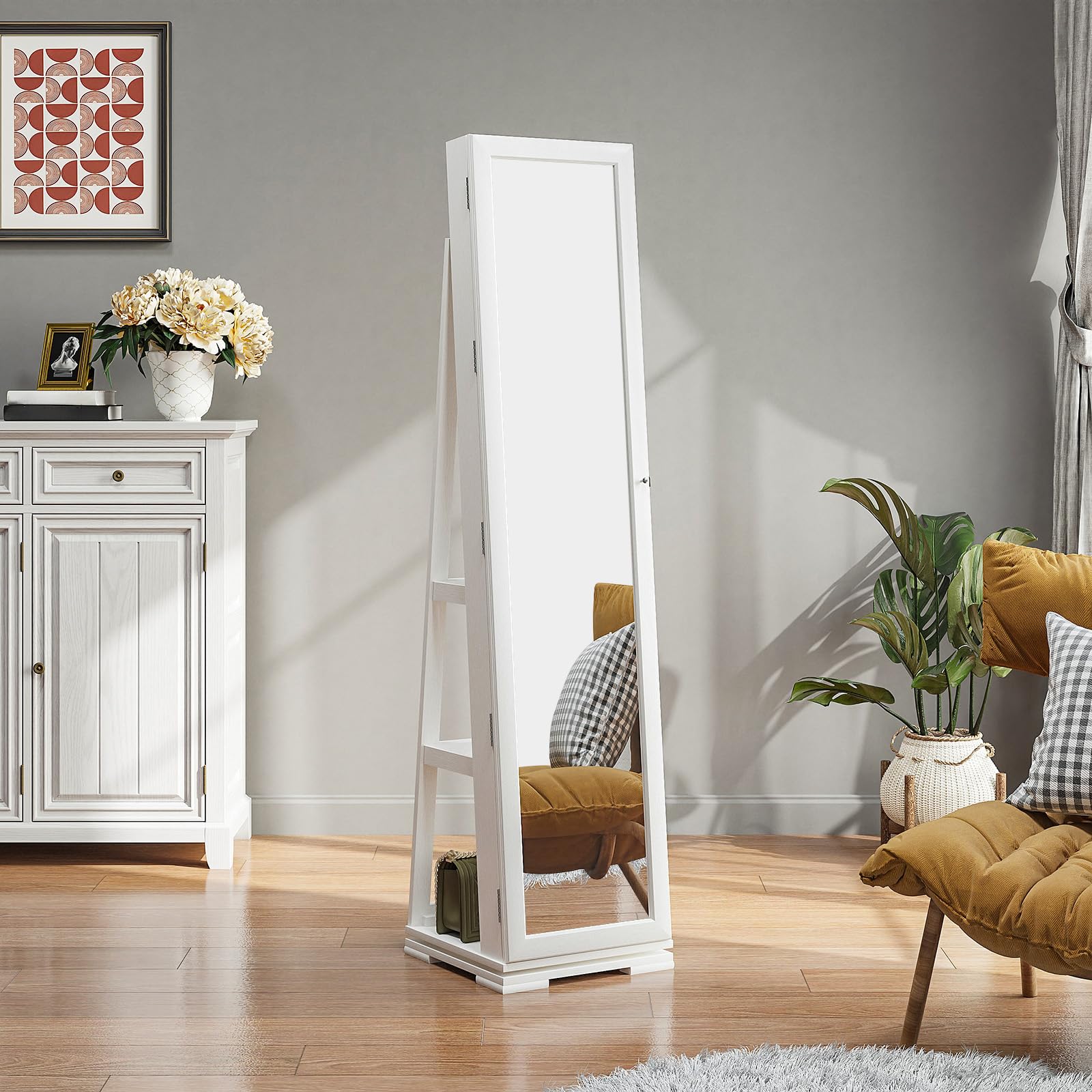 YITAHOME Jewellery Cabine Standing Full Length Mirrort, 360° Swivel Jewelry Armoire 3-in-1 Mirror, Lockable Cosmetic Storage Organize for Dressing/Bedroom