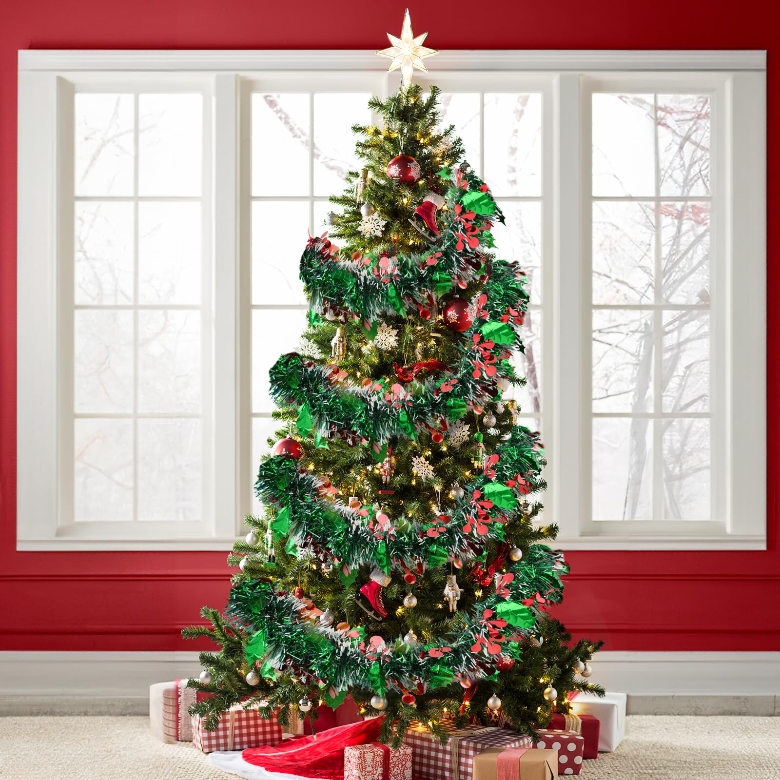 KINGLAKE Red Christmas Tinsel Garland, 10M x 9CM Thick Metallic Tinsel for Christmas Tree Decorations Party, Home - Image 4