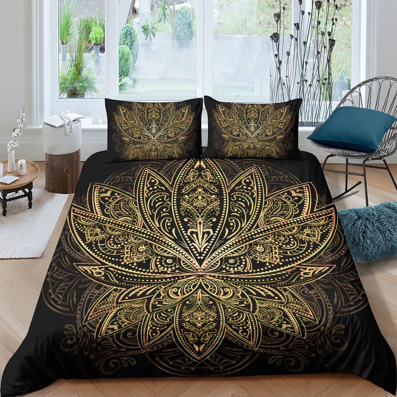 Ctjqhvkz Style-9 3D Printed Mandala Gold Black Fitted Sheet Microfiber Soft Anti-Slip Baroque Mattress Cover Machine Washable Bedroom Decor Single（135X200cm）