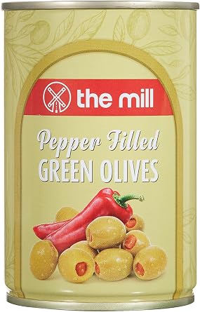 The Mill Pepper Filled Green Olive Tin Pack of 12 - Strained Weight 100 g - 361-400 pieces/kg - Seedless - Pickled - Northern Aegean Region Olives - Rich in Vitamins and Antioxidants
