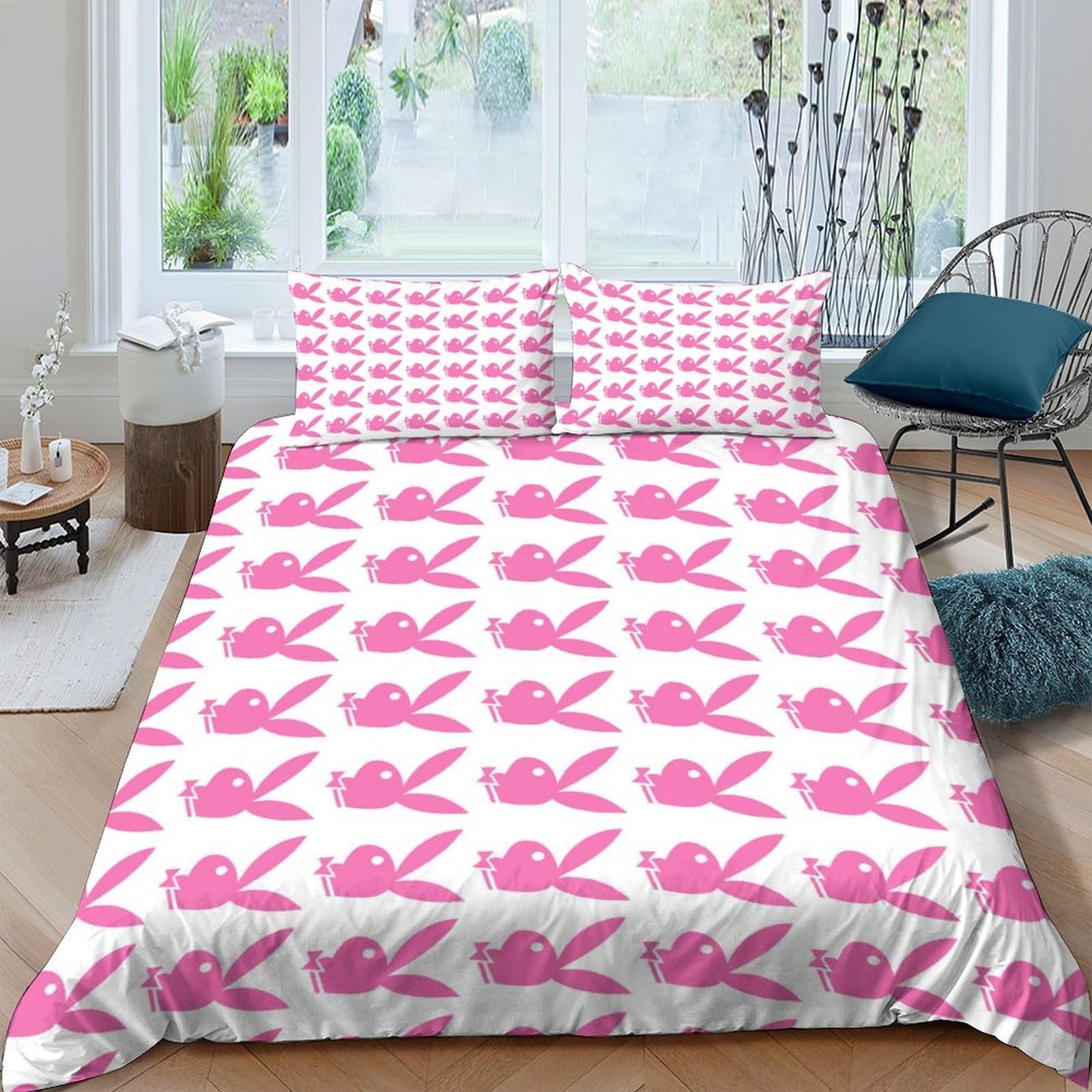 P5V6M1Q9 3D Printed Pink Bunny Duvet Cover Microfiber Soft Breathable Rabbit Quilt Cover Set with 2 Pillowcases for Bedroom Decor Single（135x200cm）