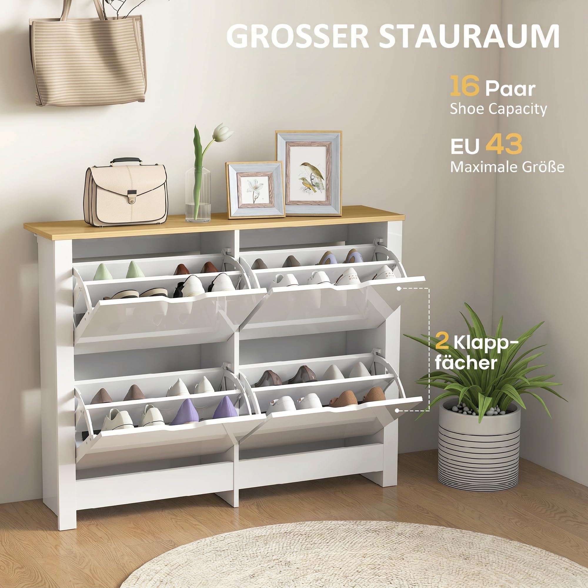 HOMCOM Meuble à Chaussures 4 Tiroirs 105 x 26 x 80 cm Blanc Naturel | Armoire à Chaussures Étroite 16 Paires, Étagères Réglables, Style Moderne, pour Couloir, Entrée,