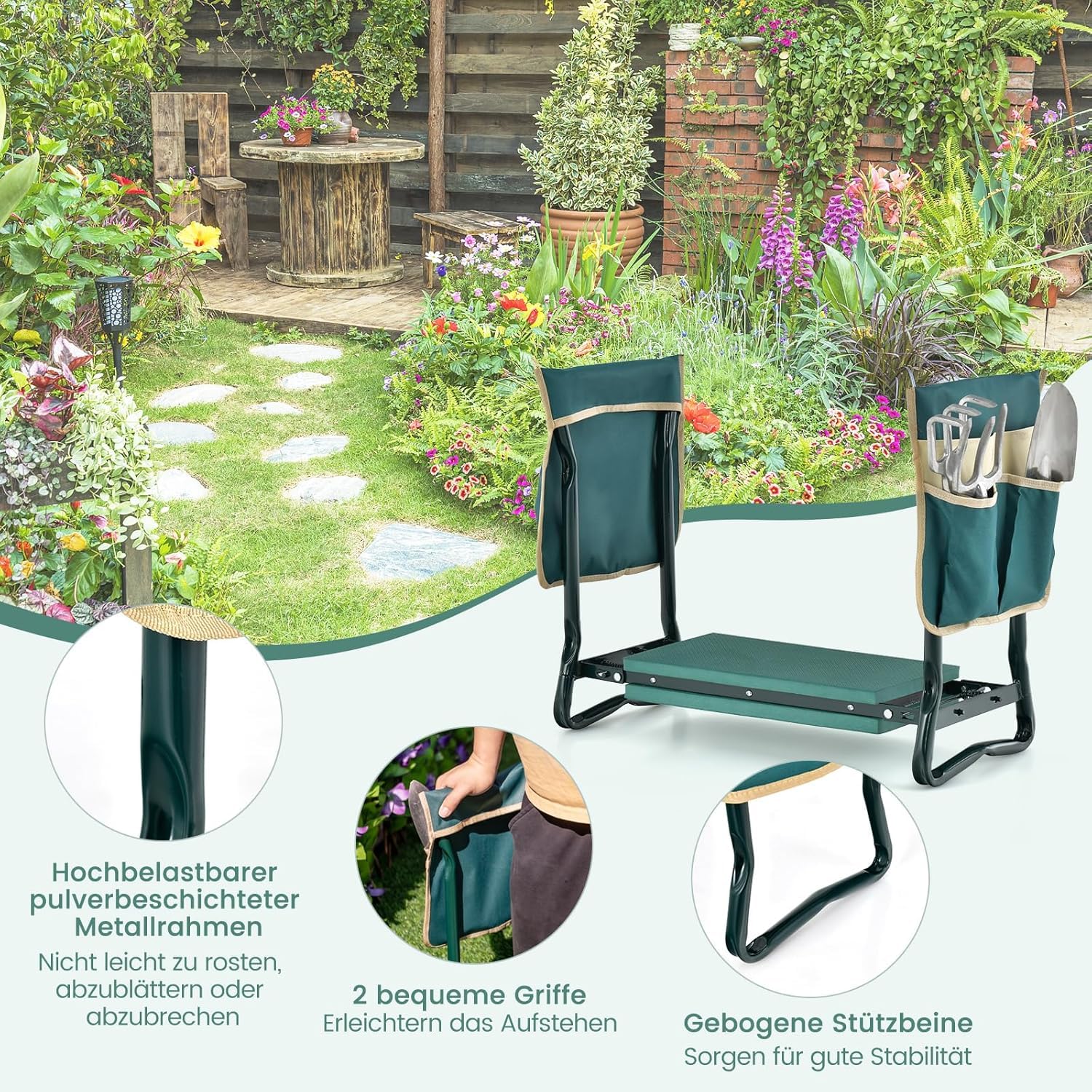 FANTASK Taburete Plegable 2 en 1 para jardinería, Taburete de jardín con 2 Bolsillos para Herramientas, Taburete de Trabajo de jardín con Acolchado Eve para Rodilleras, soporta hasta 150 kg