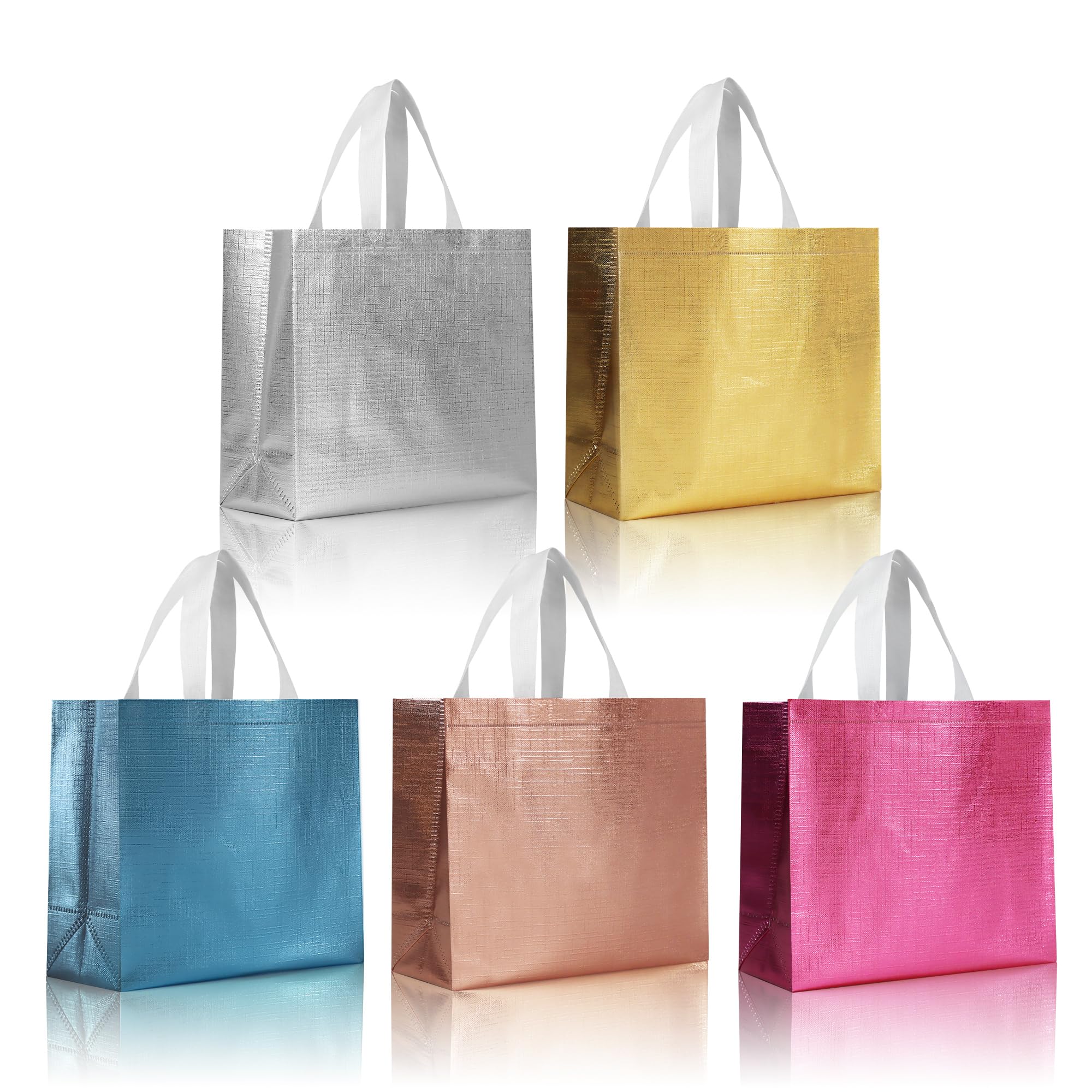 cabzymx 15 Pcs Multicolor Reusable Gift Bags Bulk with 5 Colors, 12.6x4.7x11 In Large Holiday Party Bags with Metallic Bling for Wrapping Gifts, Birthday, Wedding, Parties, Christmas