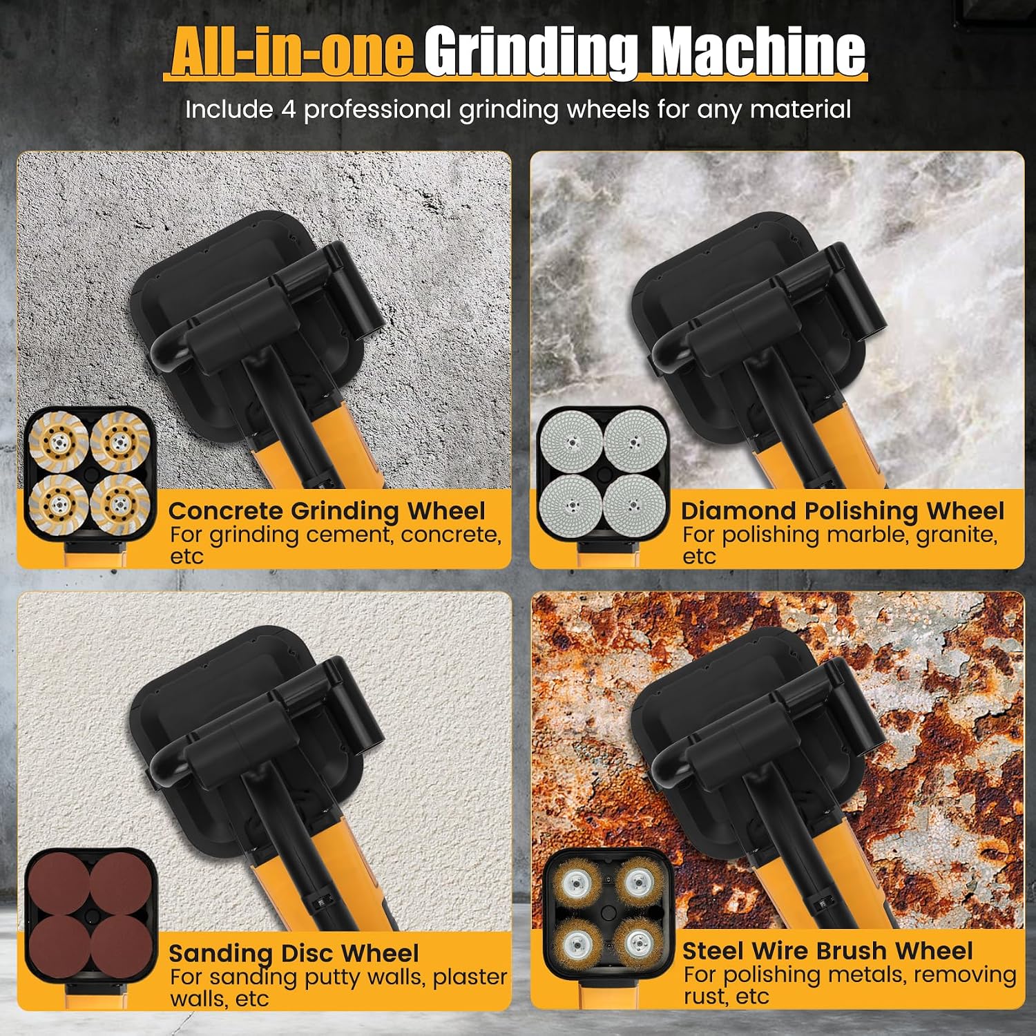4-Head Concrete Grinding Machine, 3800W Copper Motor for Concrete Grinding | 4-Head Concrete Floor Grinder Set, Powerful 3800W Copper Motor, 6 Speeds, 6000RPM, Dual Port Dust-Free System, Ergonomic Grip